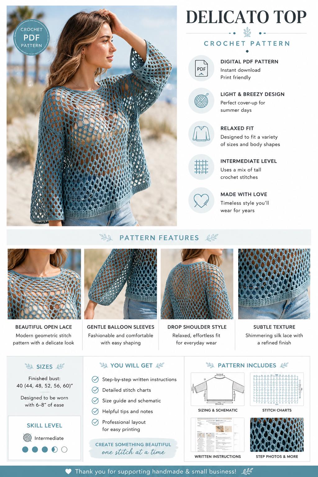 Lace Crochet Top Pattern PDF, Mesh Summer Sweater, Sizes 40–60