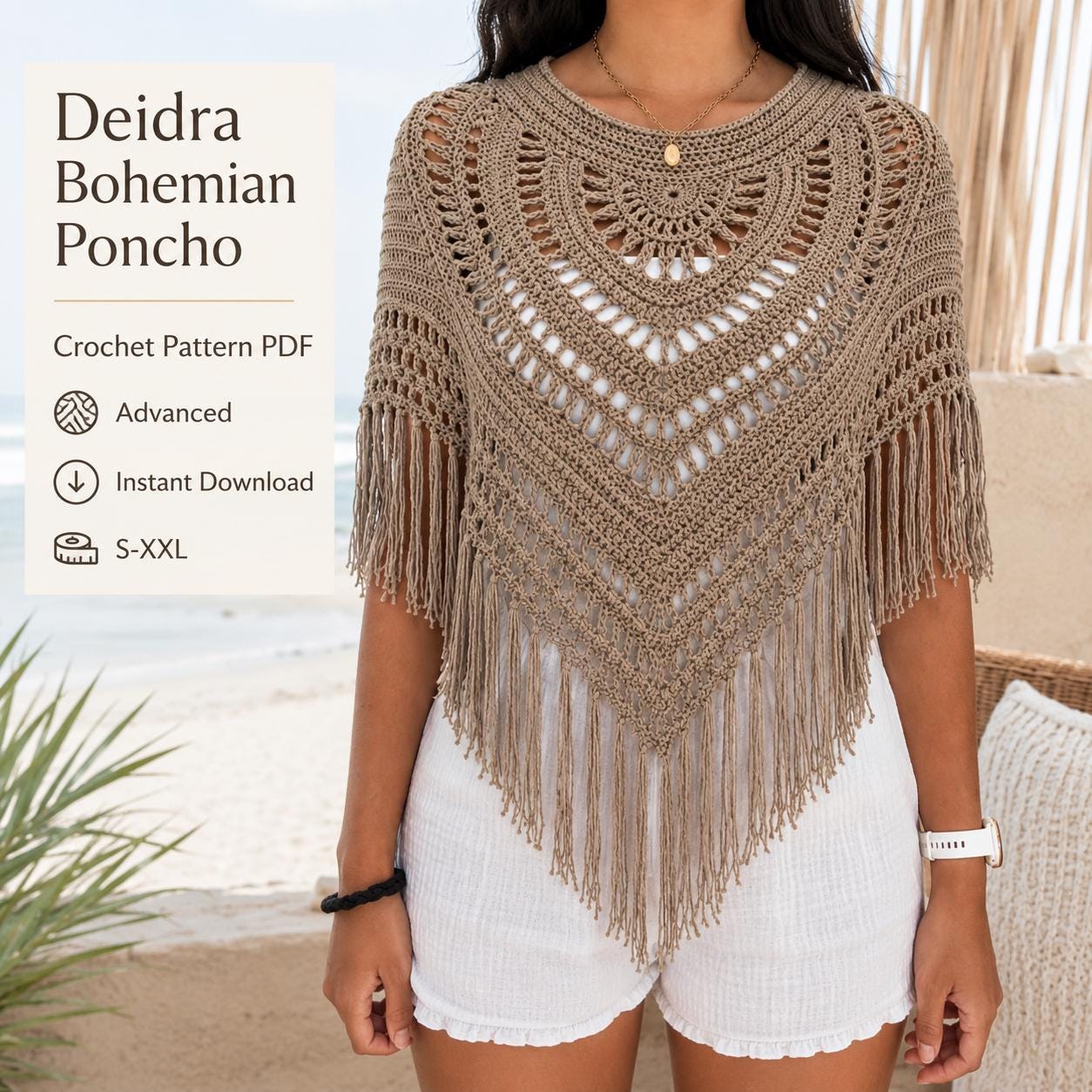 Boho Crochet Poncho Pattern PDF, Lace Summer Cover Up, Women’s Fringe Cape