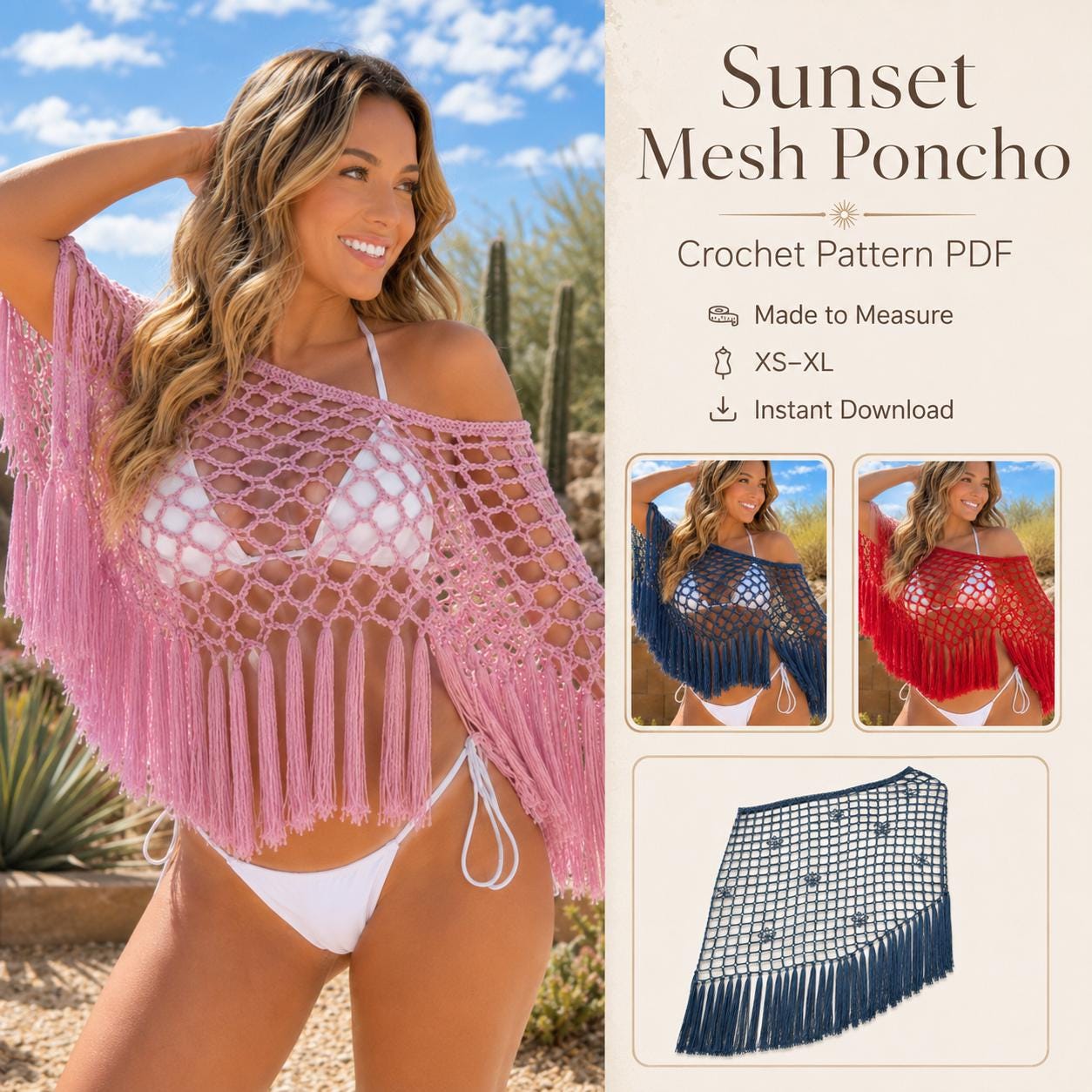 Crochet Poncho Pattern PDF, Mesh Fringe, Made to Measure Boho Cover Up, Summer Beach, XS–XL Instant Download