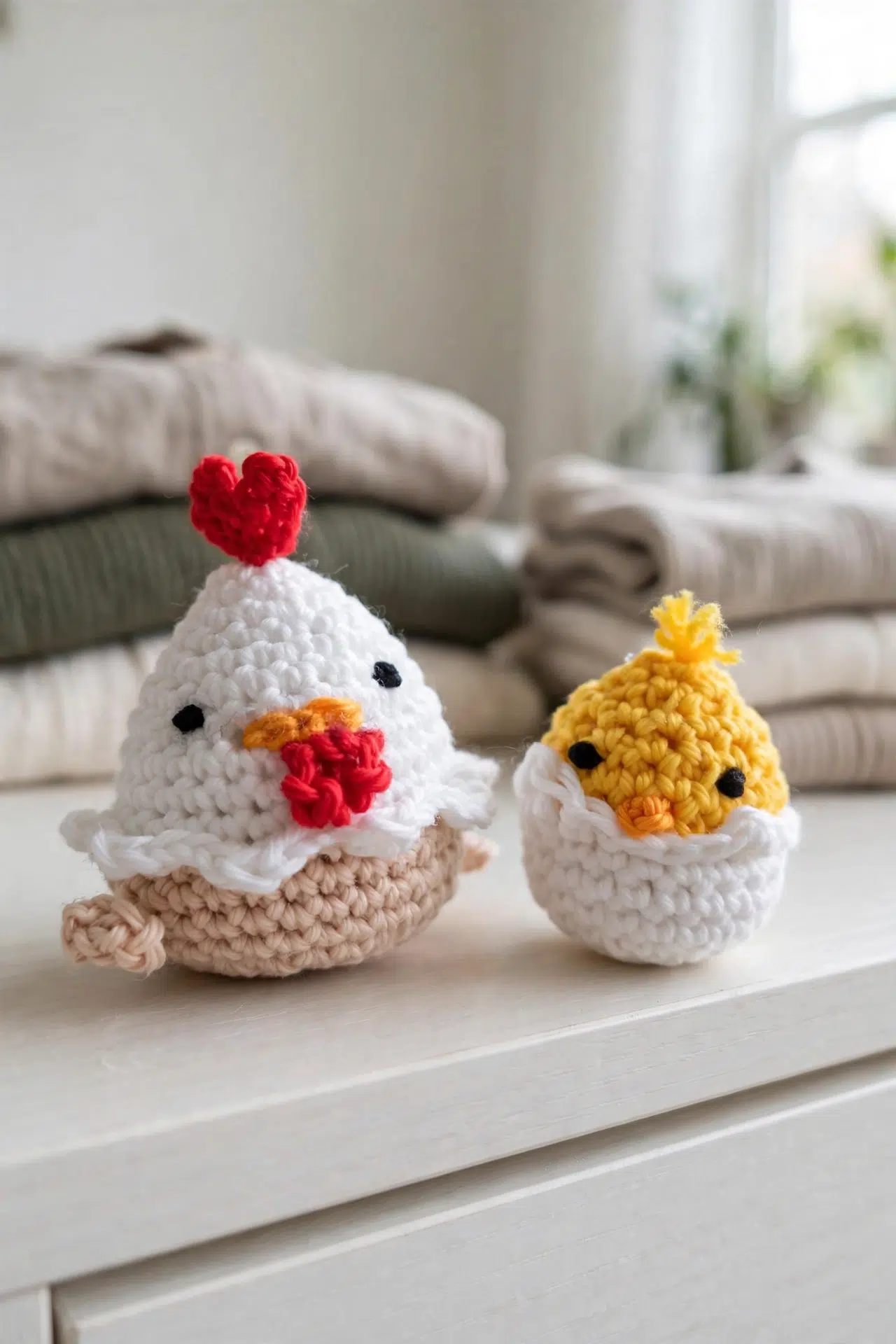 Crochet Chicken and Chick Set shown from another angle, highlighting textured stitches and shaping