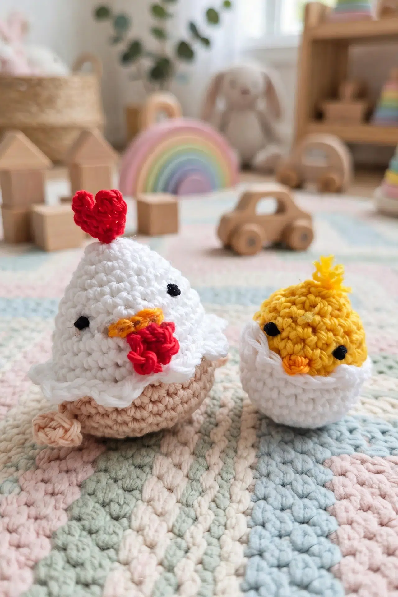 Crochet Chicken and Chick Set displayed together in a simple decorative setting