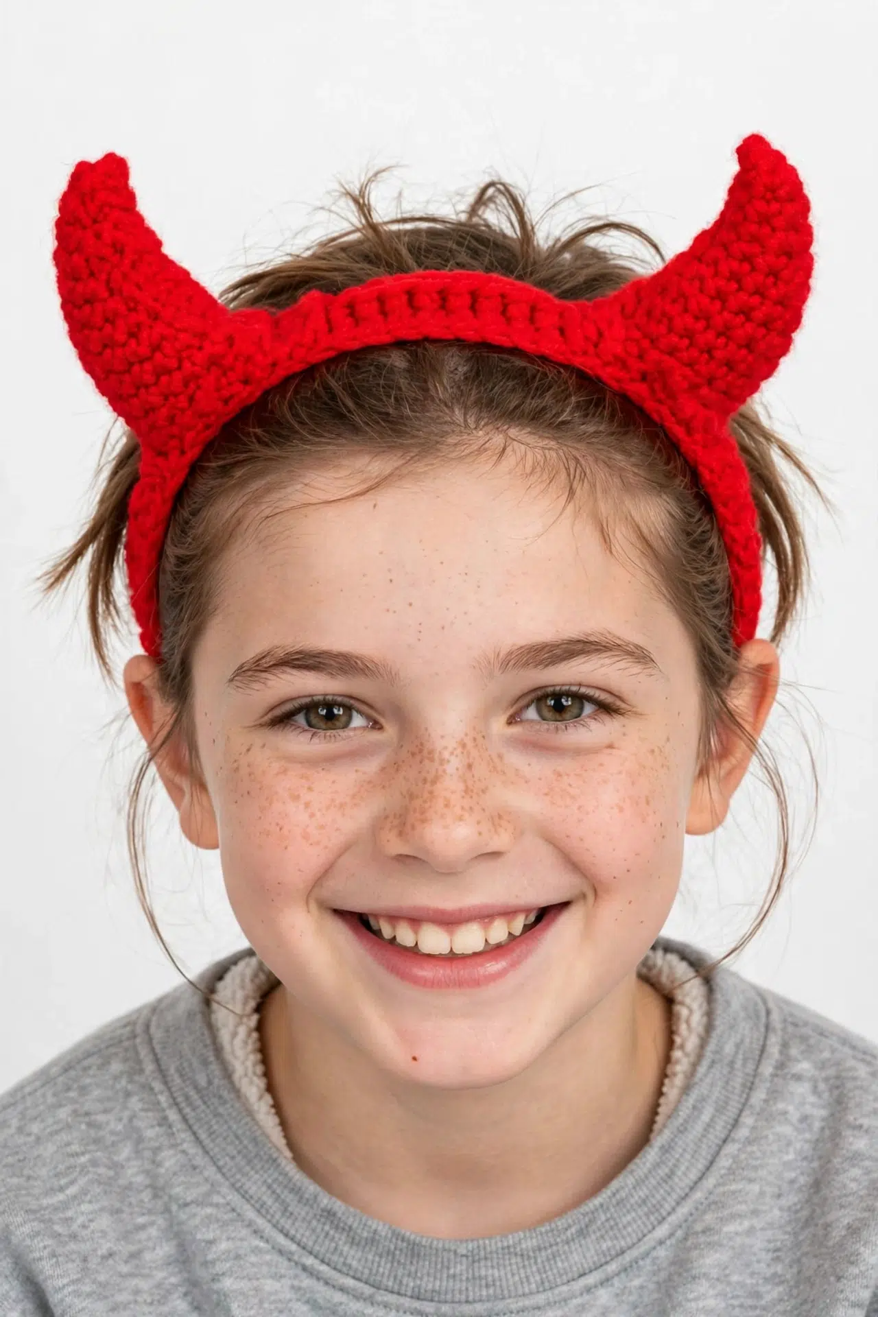 Crochet Curved Horn Headband styled for wear, highlighting its curved silhouette