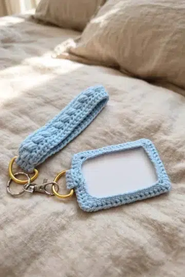 Finished Crochet ID Holder and Lanyard shown clearly with its holder shape and strap.