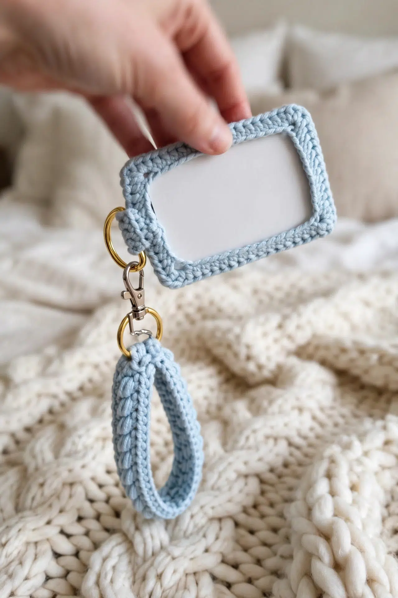 Finished Crochet ID Holder and Lanyard from another angle, highlighting textured stitches.