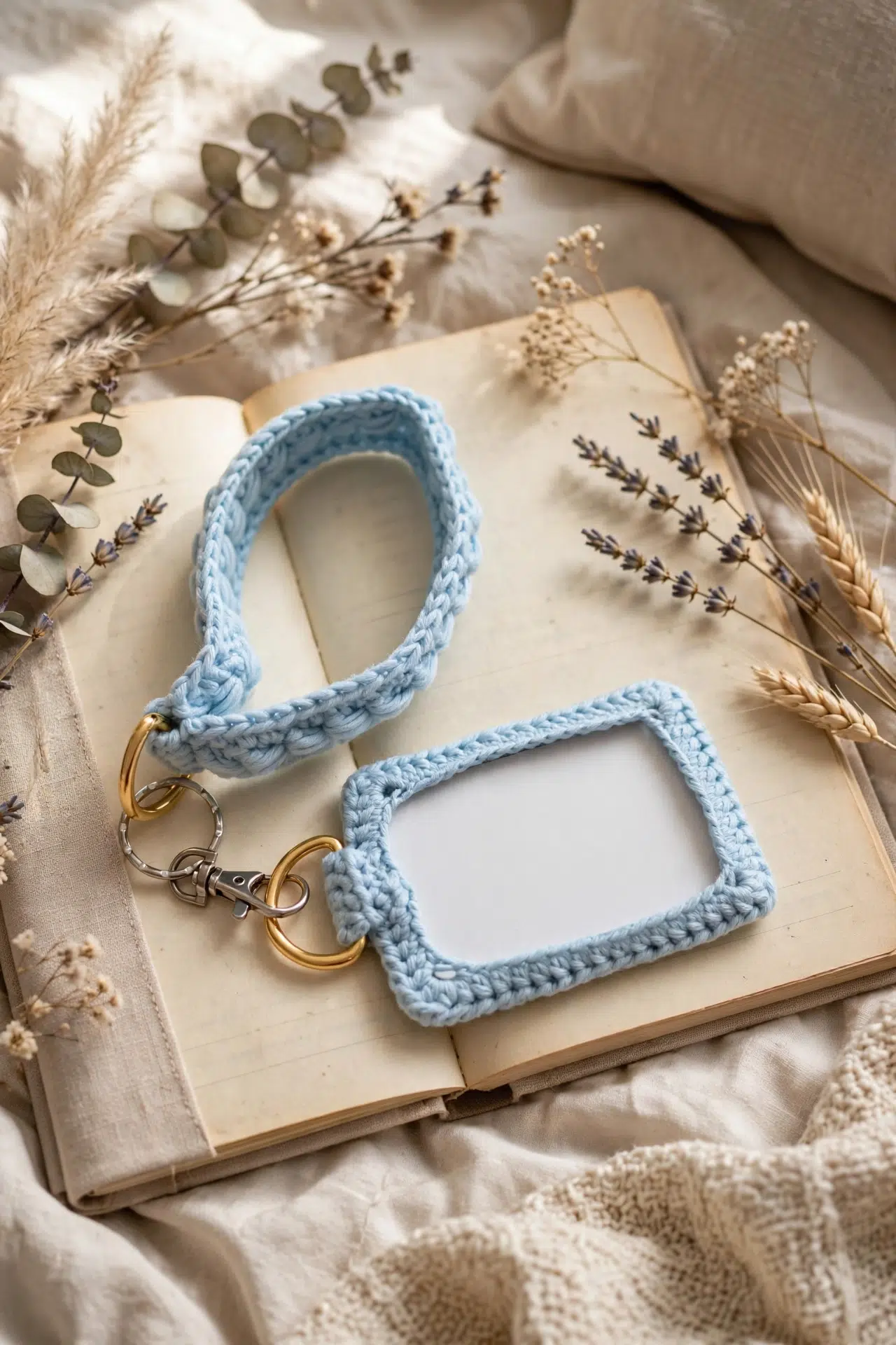 Finished Crochet ID Holder and Lanyard styled for display, showing holder and attached strap.