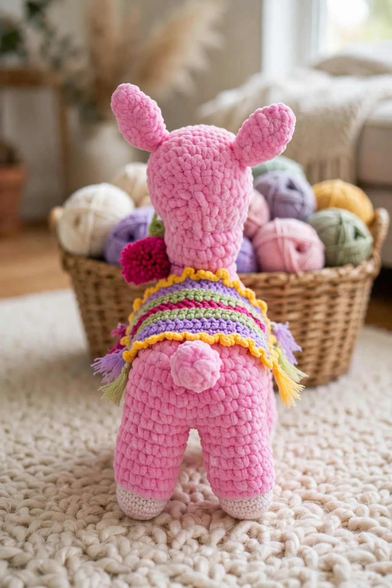 Crochet Llama Amigurumi shown from the side, highlighting its textured stitches
