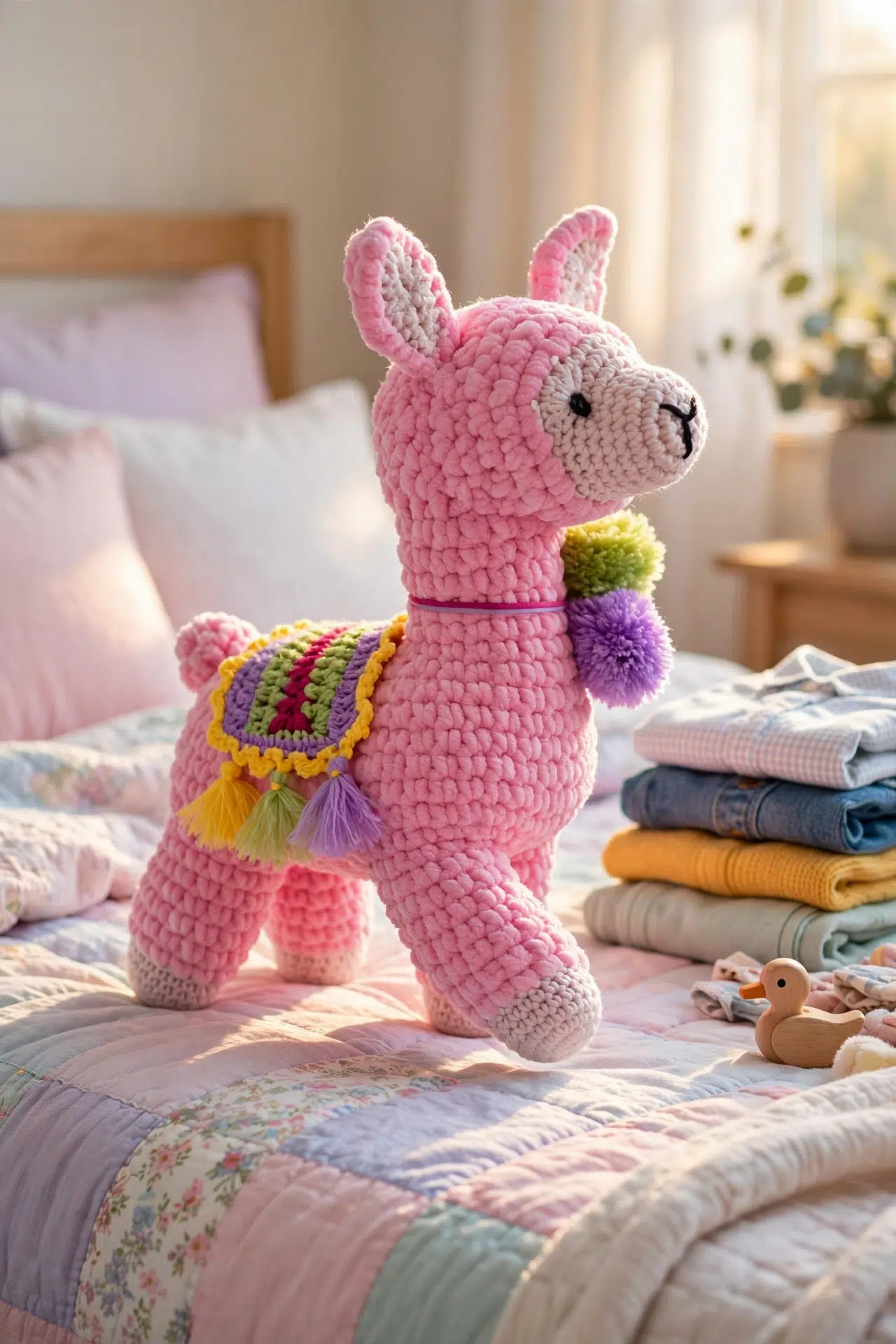 Crochet Llama Amigurumi displayed as a finished decorative plush in a cozy setting