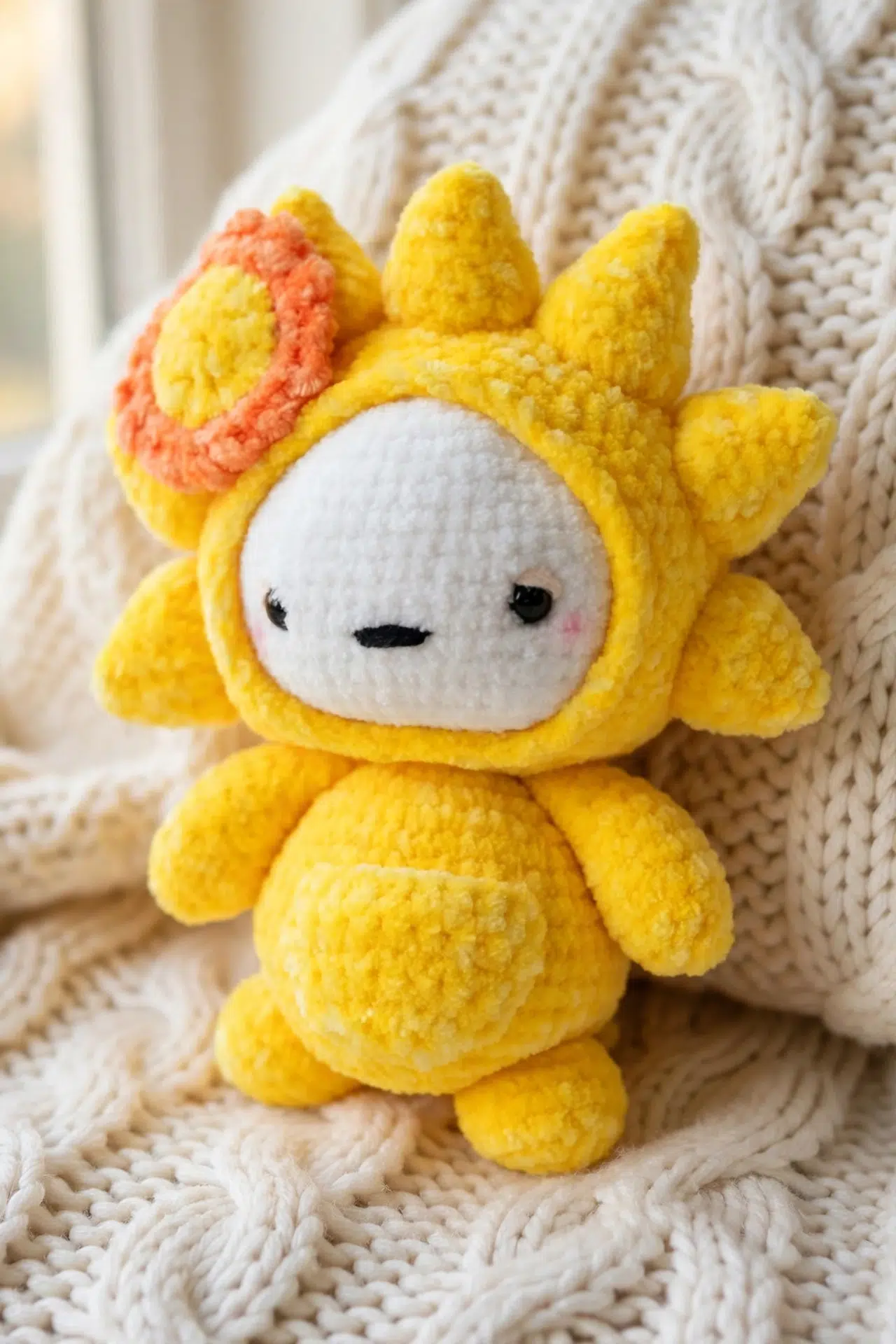 Crochet Lumiling Character shown from another angle, highlighting its crochet stitch texture