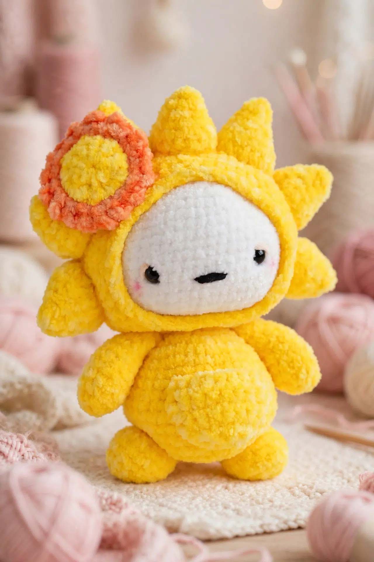 Crochet Lumiling Character displayed in a styled setting with its finished shape