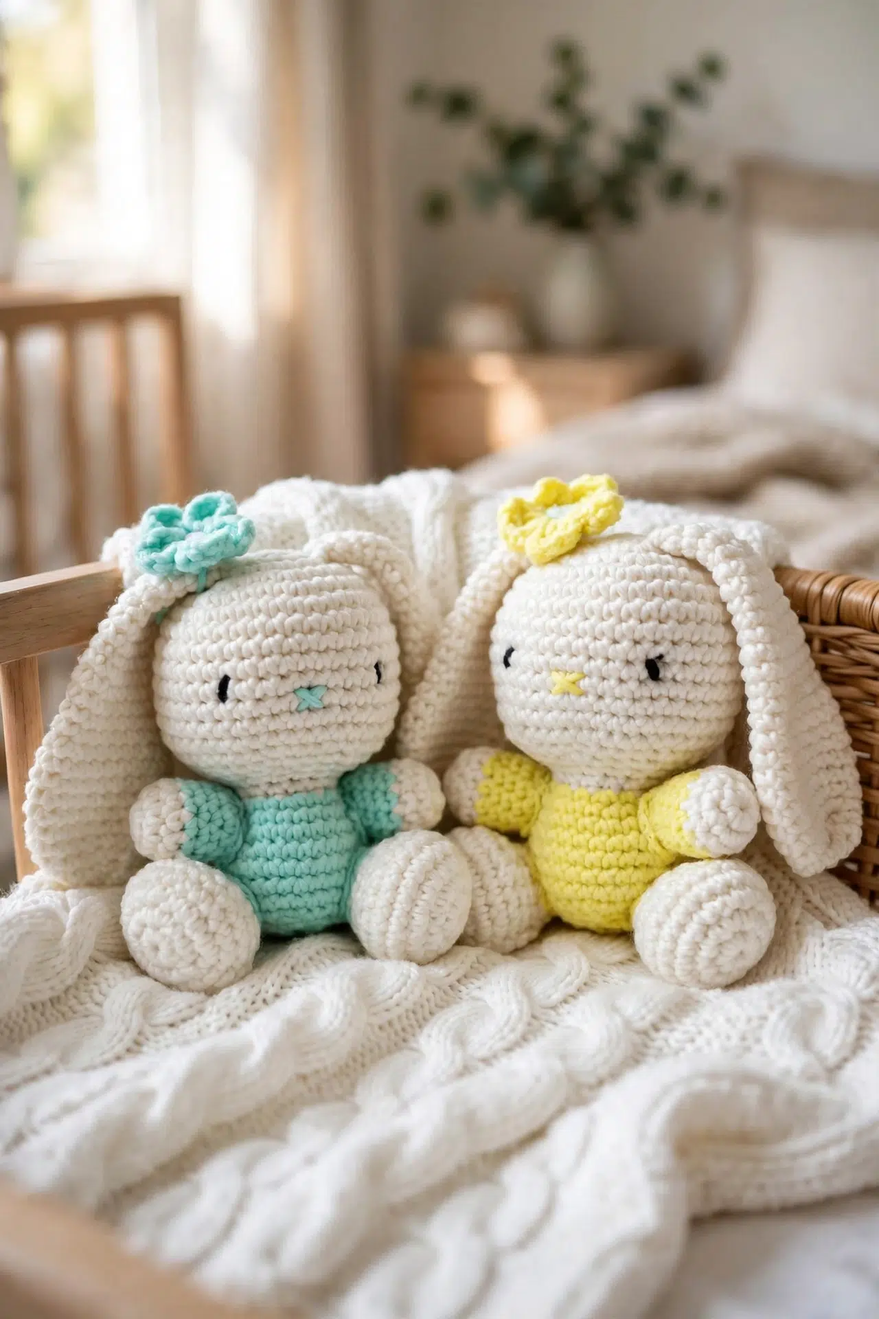 Close angle of Floral Crochet Rabbit Amigurumi showing textured stitches and rounded rabbit shape