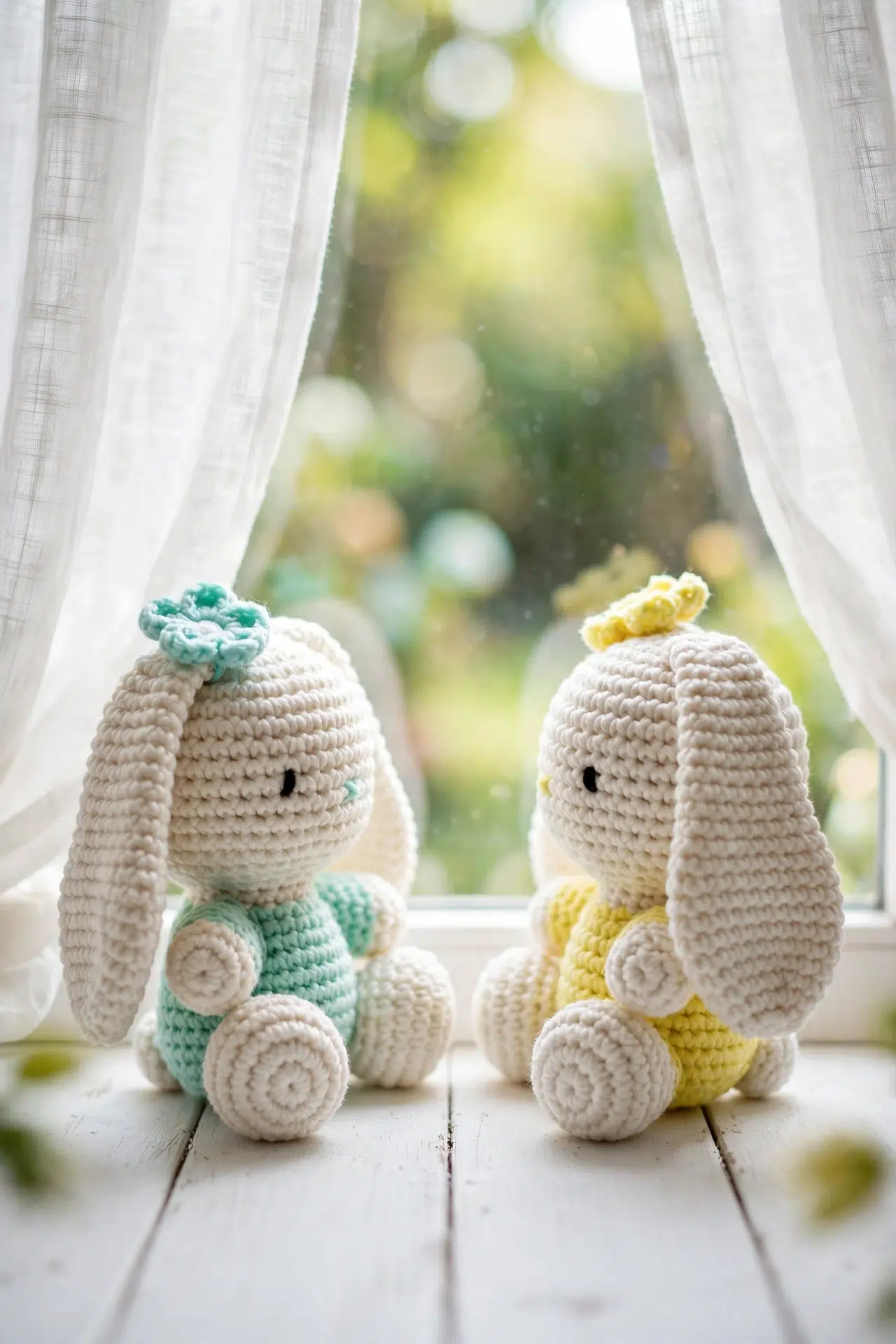 Floral Crochet Rabbit Amigurumi styled for display in a simple setting, showing finished shape