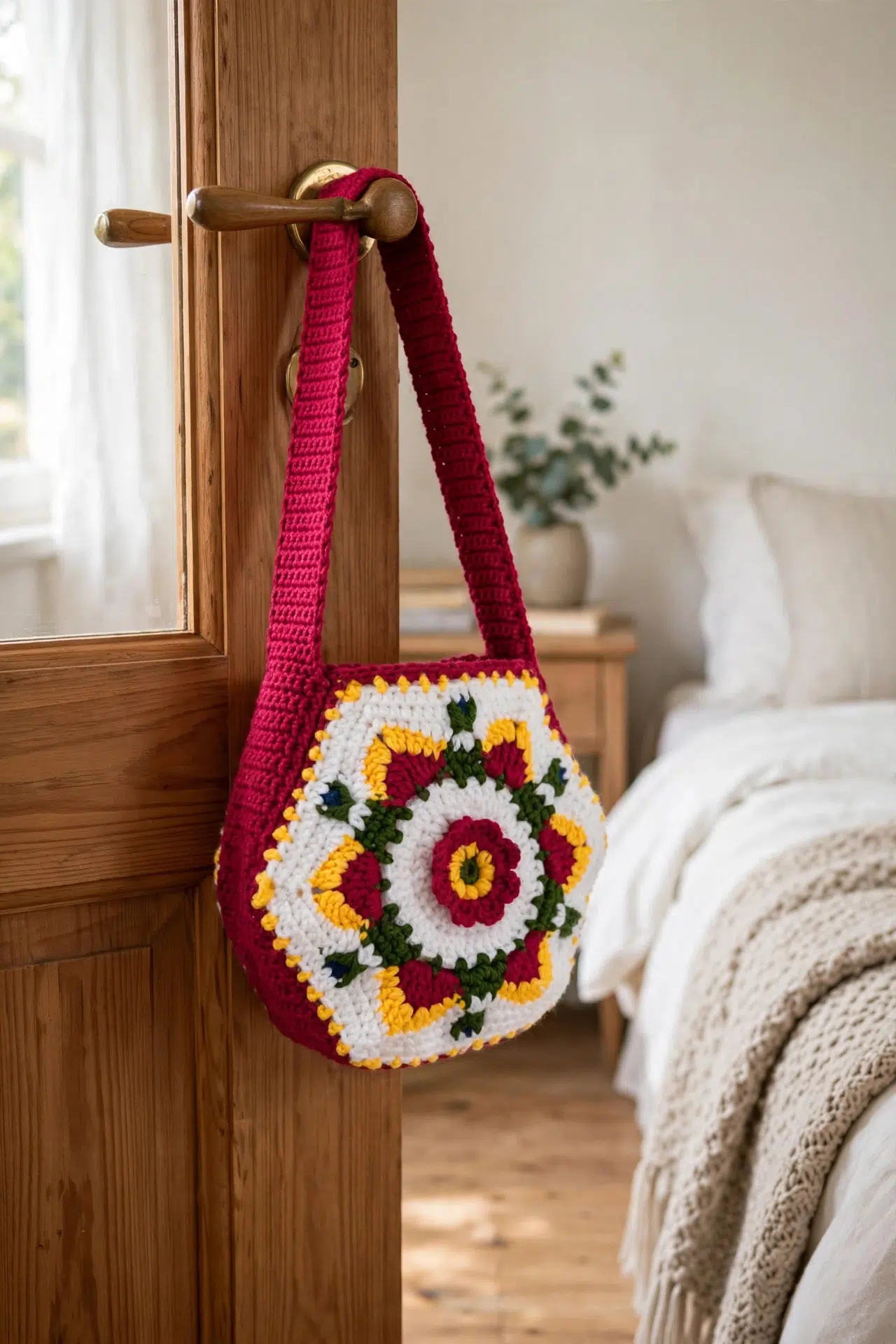 Close view of the Matyó Crochet Granny Square Bag's textured crochet stitches