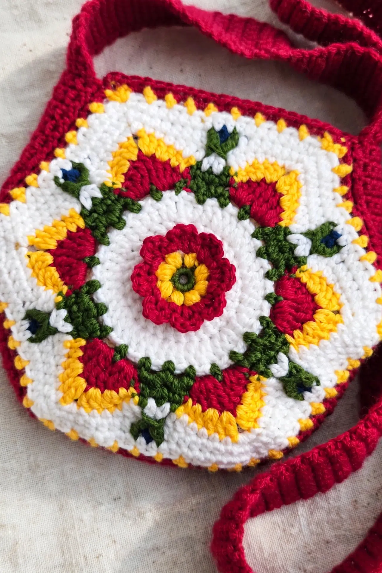 Matyó Crochet Granny Square Bag displayed in a simple styled setting
