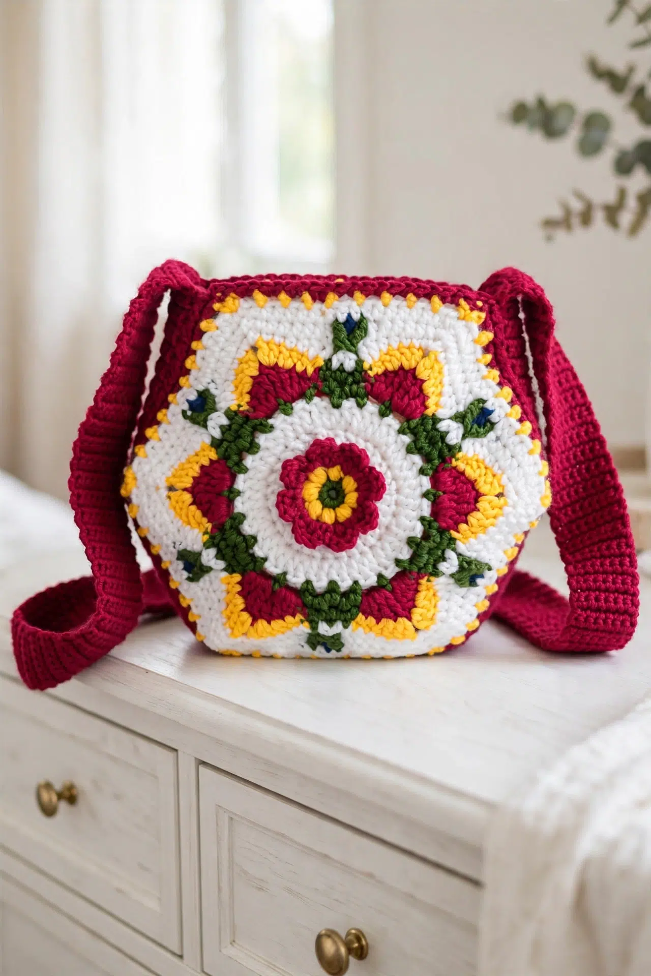 Matyó Crochet Granny Square Bag finished handmade crochet bag with colorful granny squares