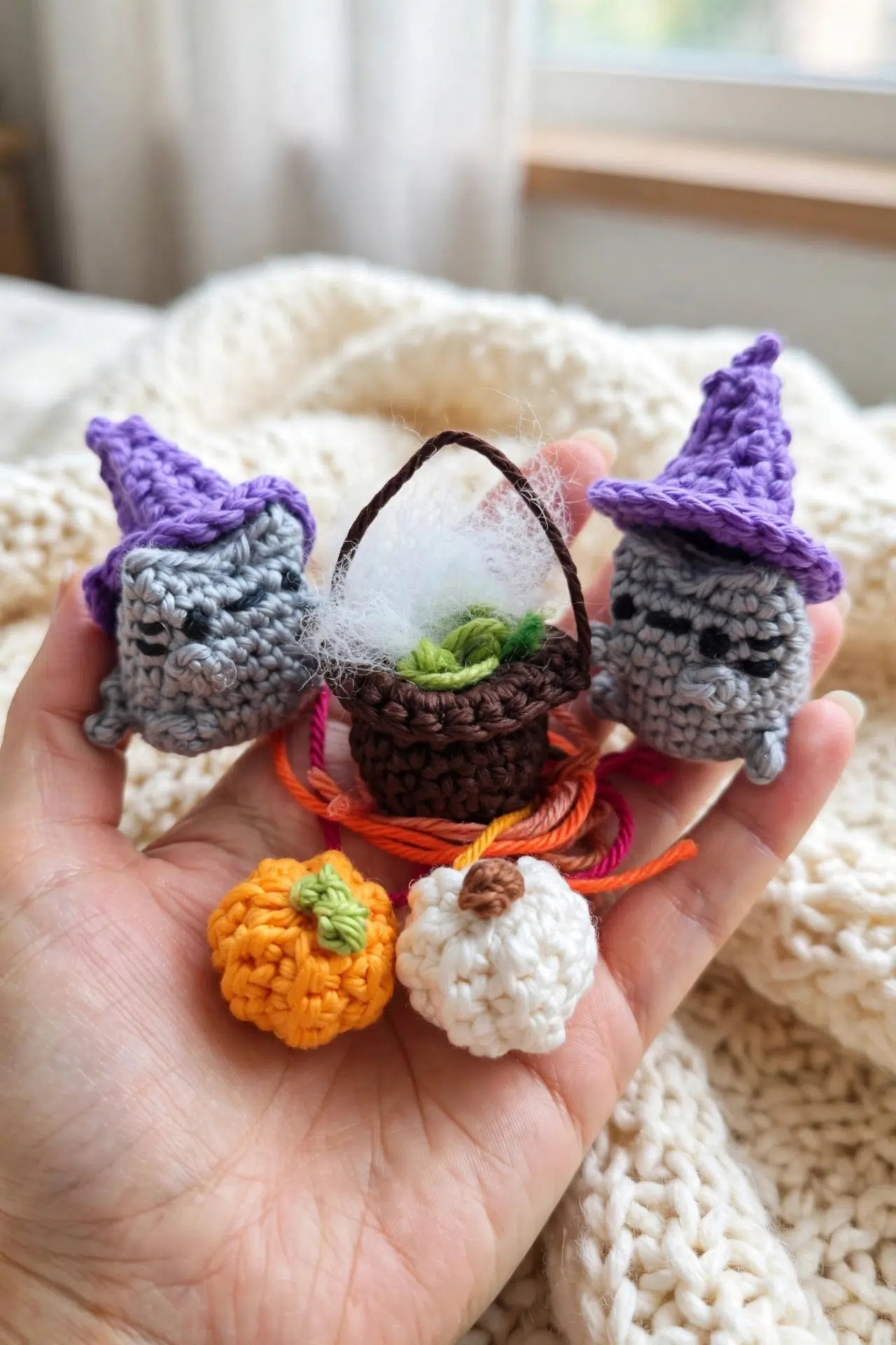 Close-up angle of the Mini Crochet Halloween Cat showing textured crochet stitches