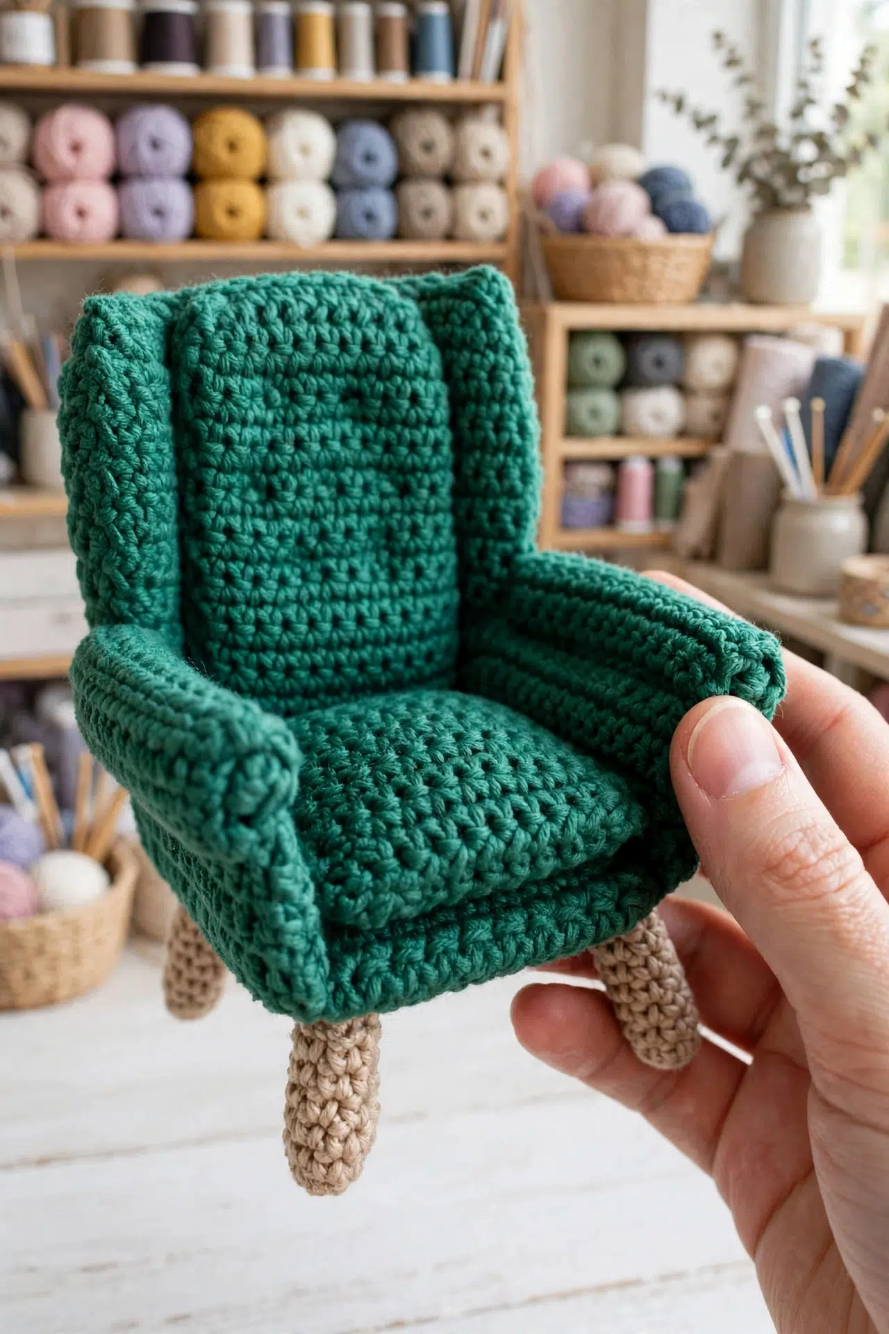 Miniature Crochet Dollhouse Armchair displayed as charming seating in a dollhouse setting