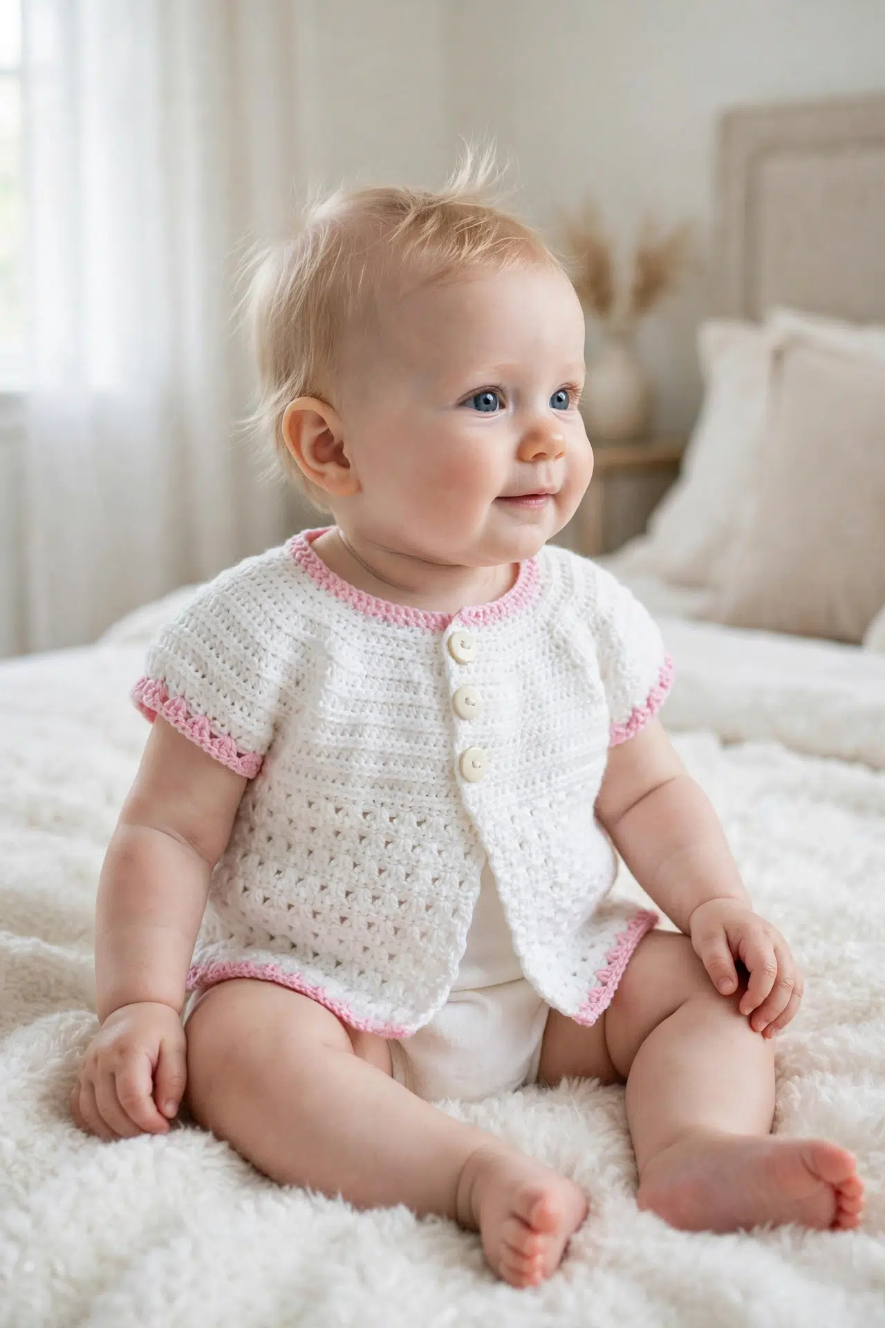 Parquet Crochet Baby Cardigan angled view highlighting its textured parquet stitch pattern