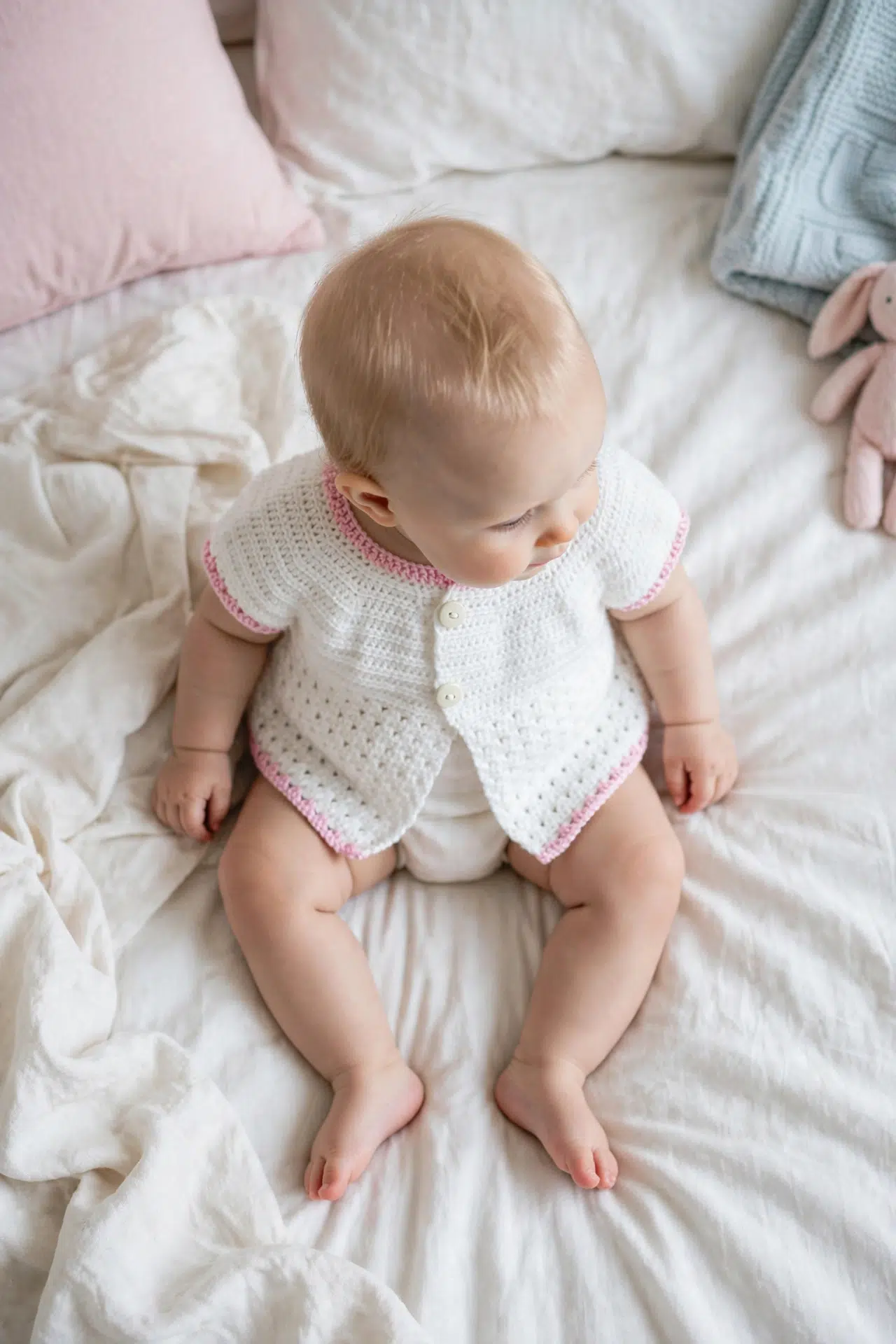 Parquet Crochet Baby Cardigan displayed in a simple styled setting