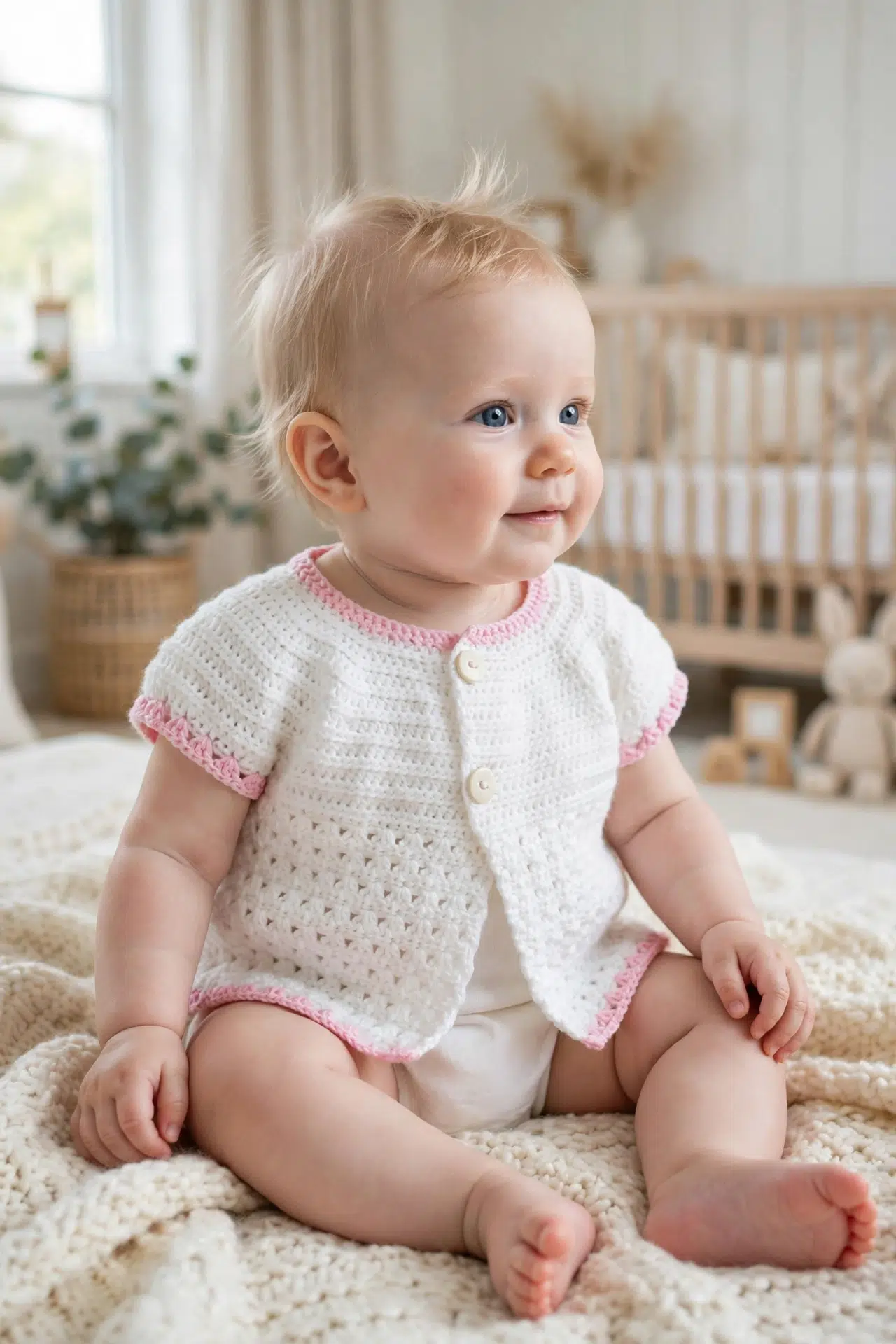 Parquet Crochet Baby Cardigan finished front view with textured stitches and defined cardigan shape