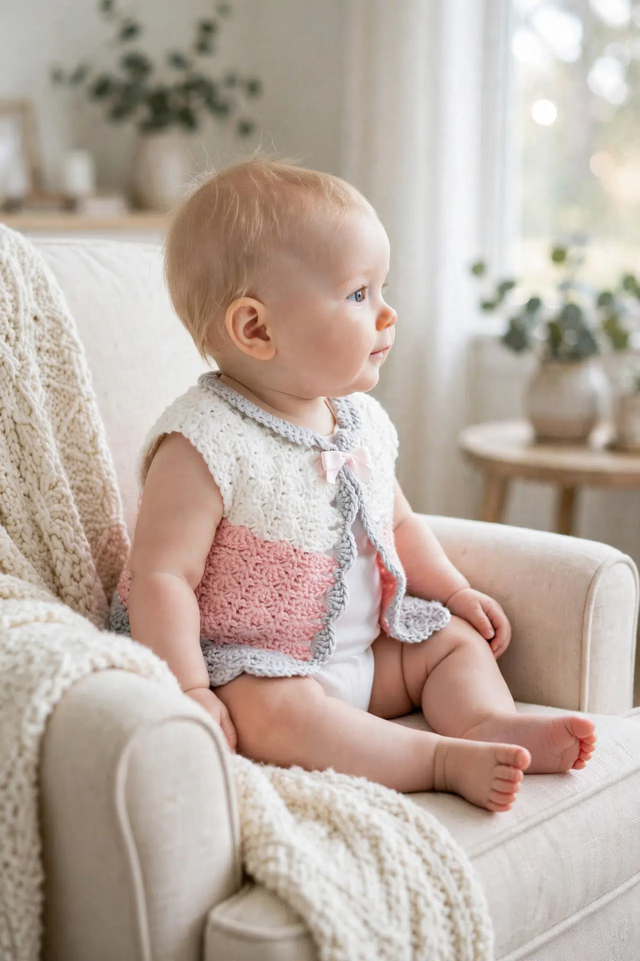 Finished Pastel Crochet Baby Cardigan displayed in a simple, softly styled setting