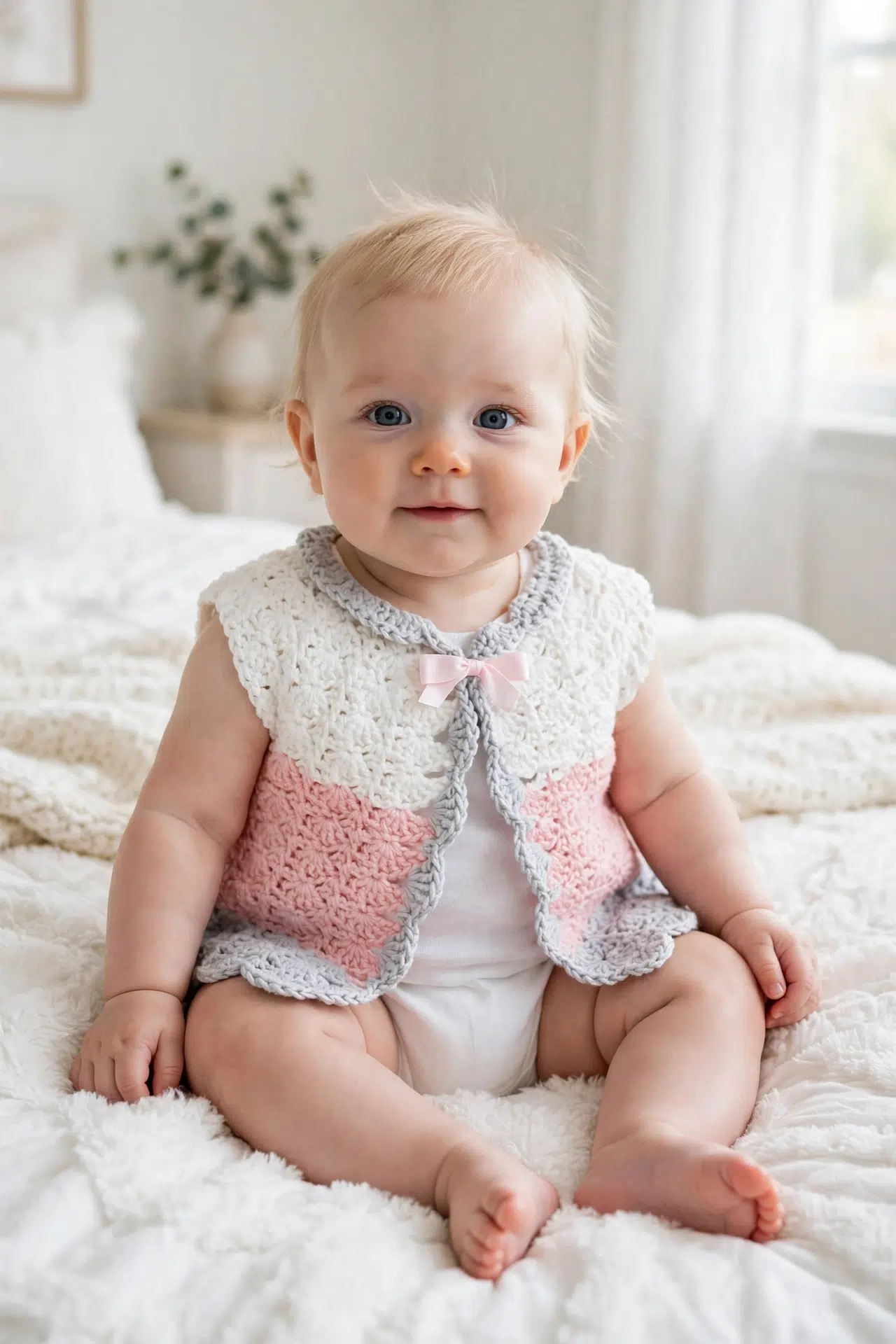 Pastel Crochet Baby Cardigan in soft colors, shown finished from the front