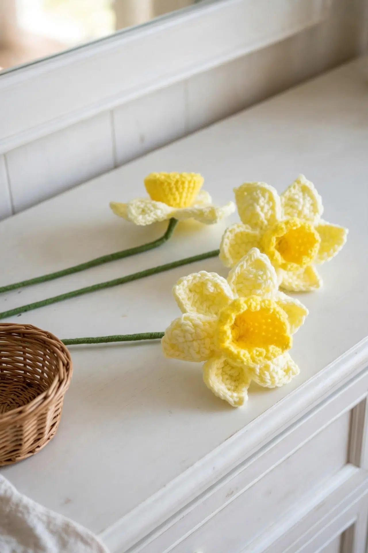 Realistic Crochet Daffodils showcase detailed stitches, textured petals, and sculpted trumpet shapes