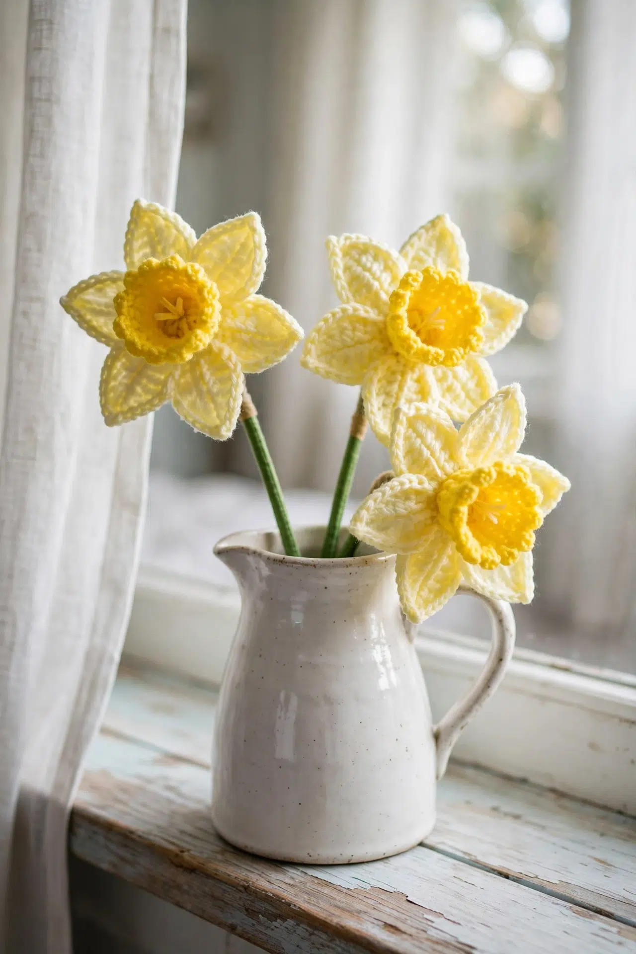 Realistic Crochet Daffodils beautifully displayed, showing golden blooms and graceful green stems
