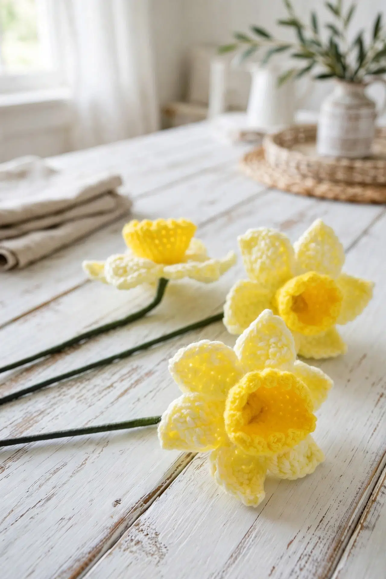 Realistic Crochet Daffodils finished with bright petals and lifelike trumpet centers