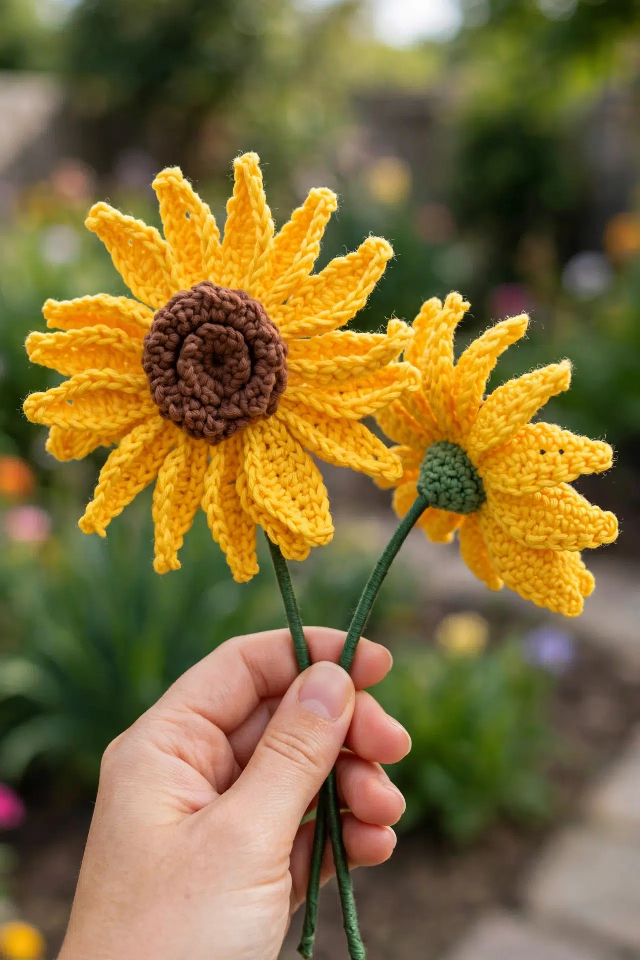 Detailed stitches and layered petals highlight the Realistic Crochet Sunflower with Stem