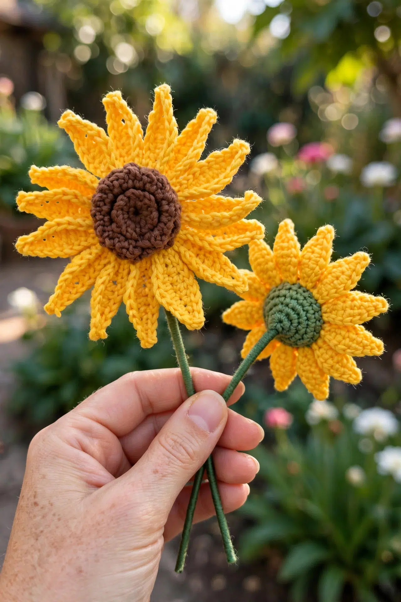 Realistic Crochet Sunflower with Stem displayed as cheerful handmade floral decor