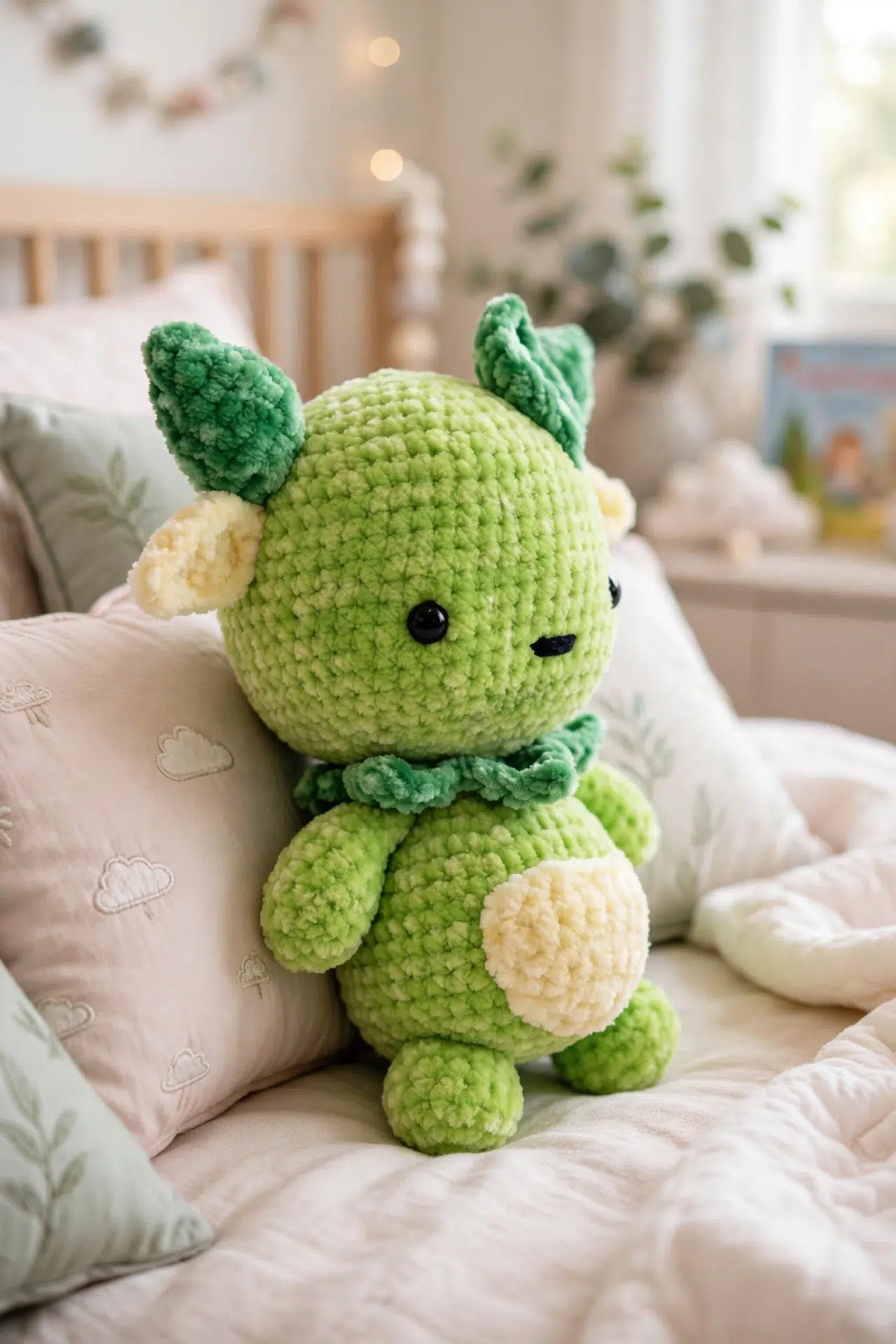 Close-up angle of Seedling Crochet Amigurumi showing detailed crochet stitches and soft texture