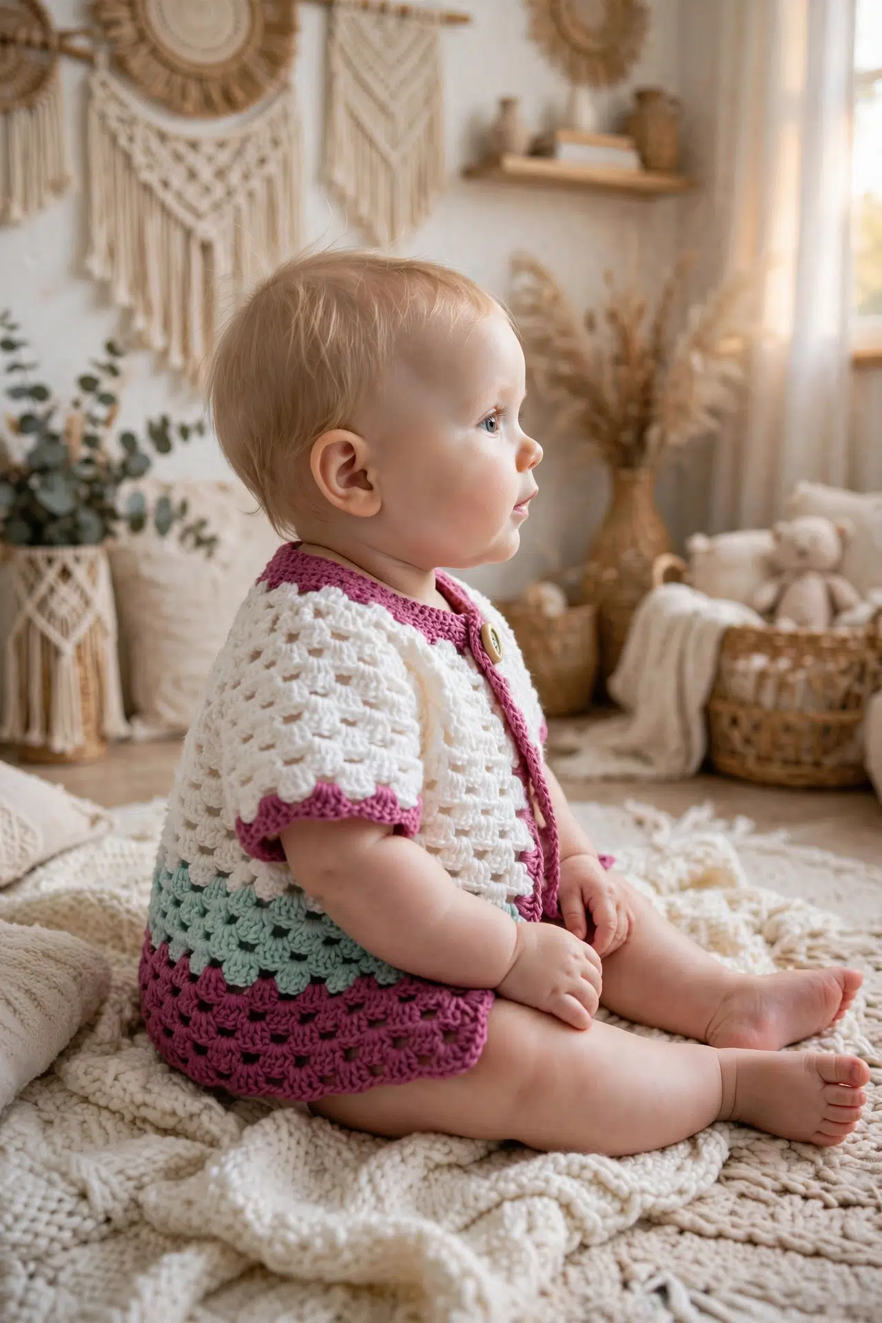 Simple Crochet Baby Cardigan viewed closely, highlighting its crochet stitch texture and sleeve shaping.