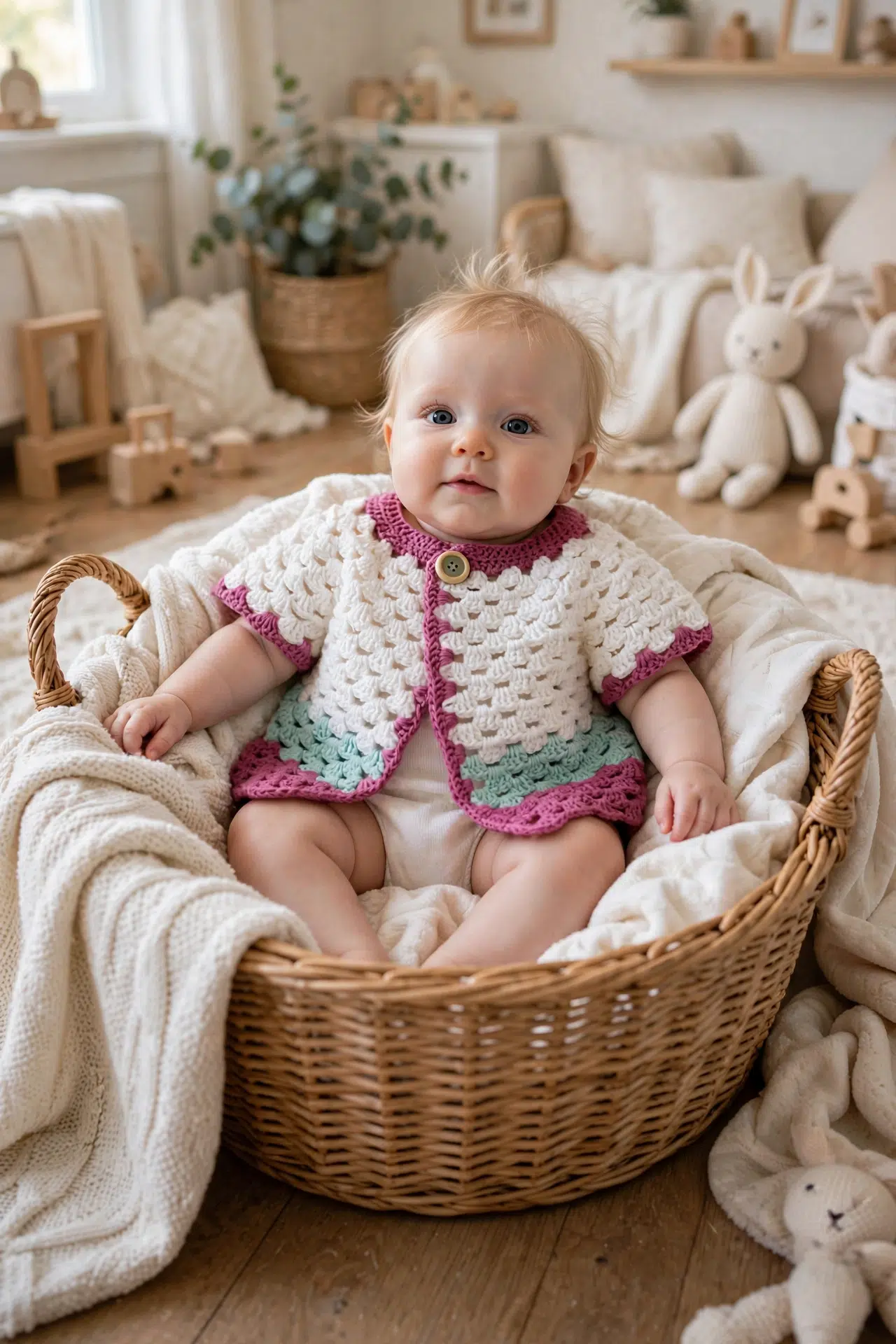 Simple Crochet Baby Cardigan styled for display, showing its soft shape and finished details.