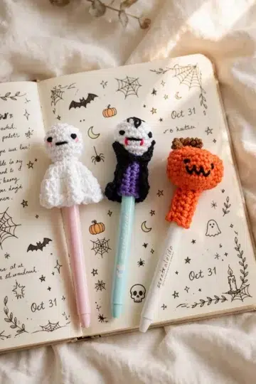 Spooky Crochet Pen and Pencil Toppers in finished spooky designs and colors