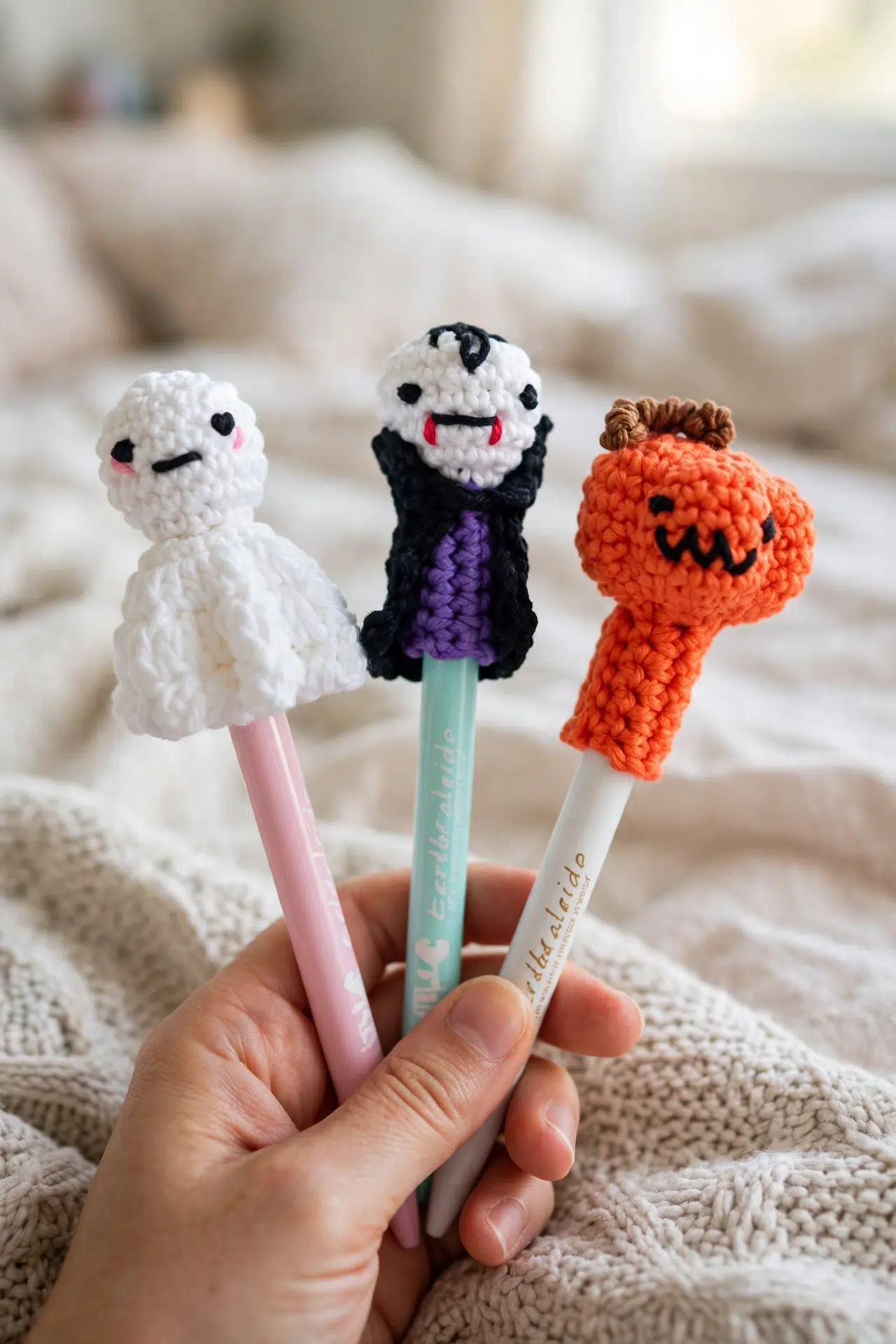 Close-up detail of Spooky Crochet Pen and Pencil Toppers showing textured stitches