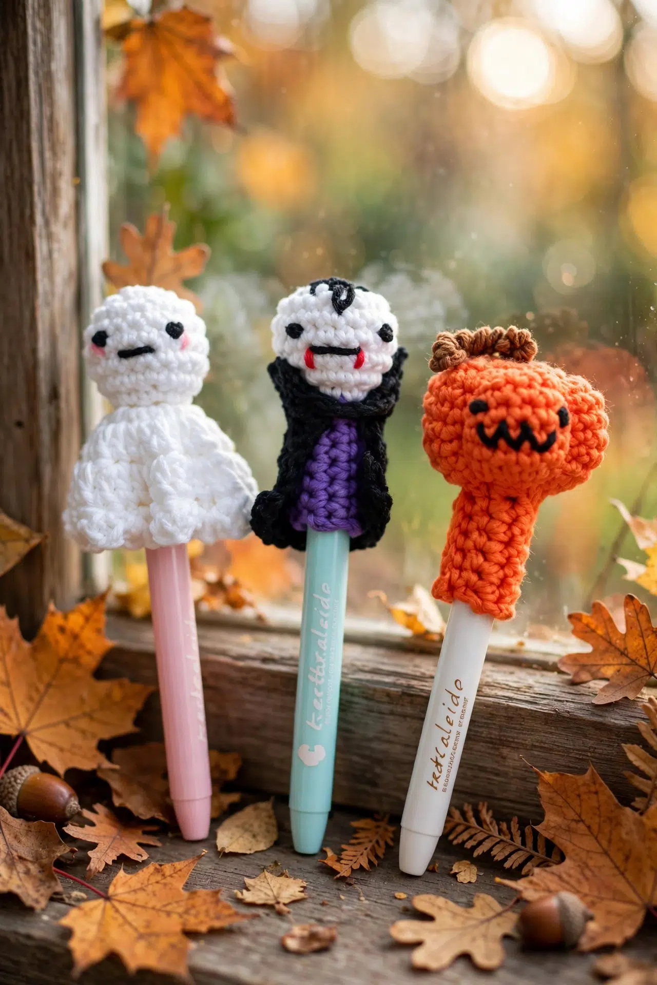 Spooky Crochet Pen and Pencil Toppers styled together in a finished display setting