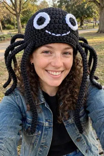 Spooky Crochet Spider Hat finished in a spooky design with textured crochet stitches