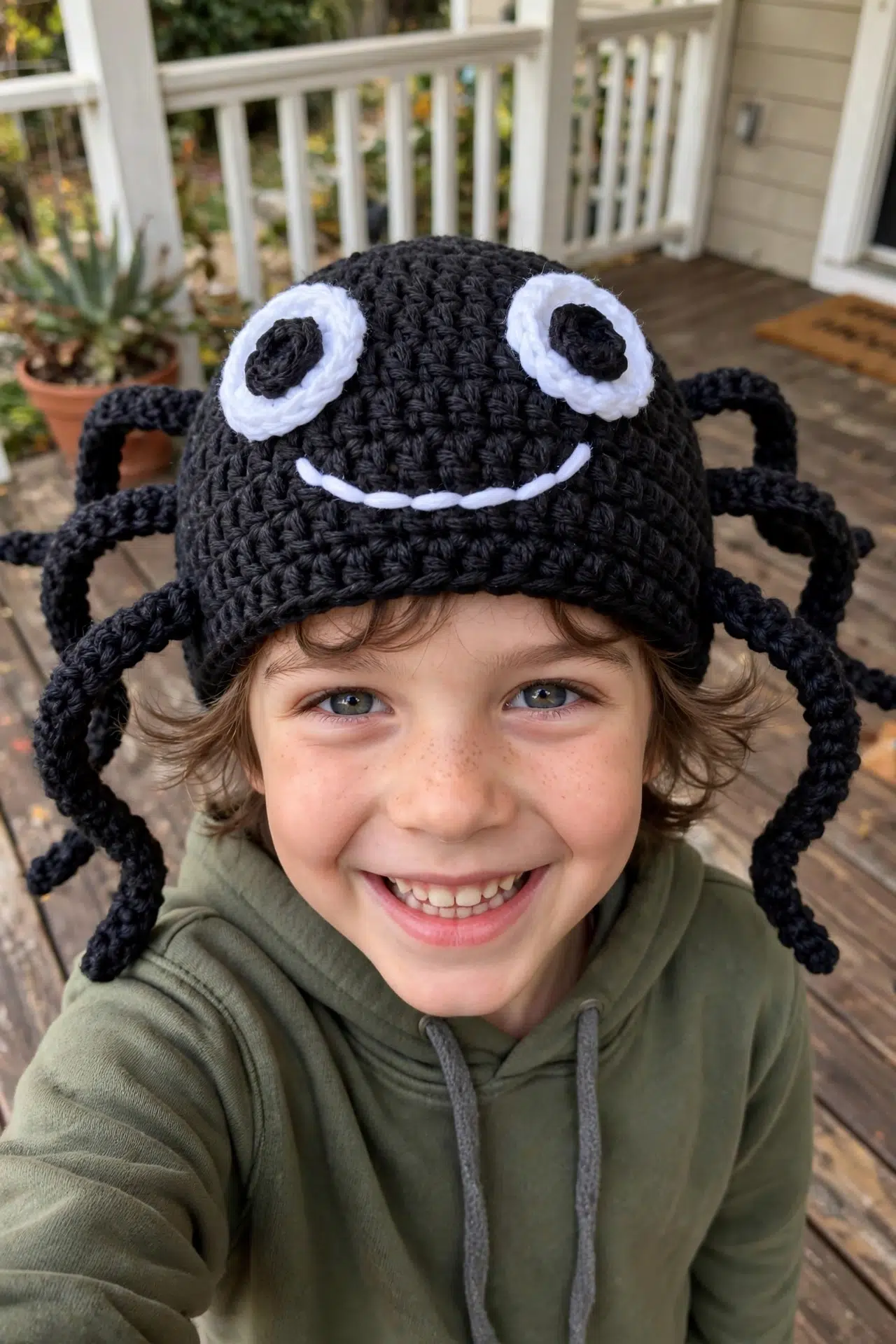 Close angle of the Spooky Crochet Spider Hat highlights its raised stitch texture