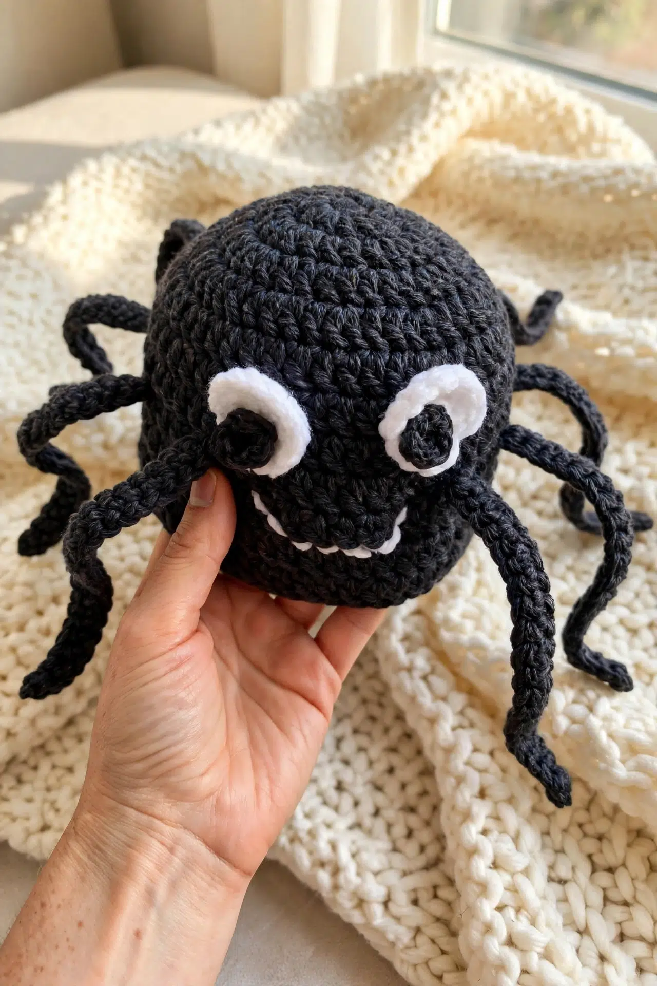 Spooky Crochet Spider Hat styled as a playful finished accessory in a seasonal setting