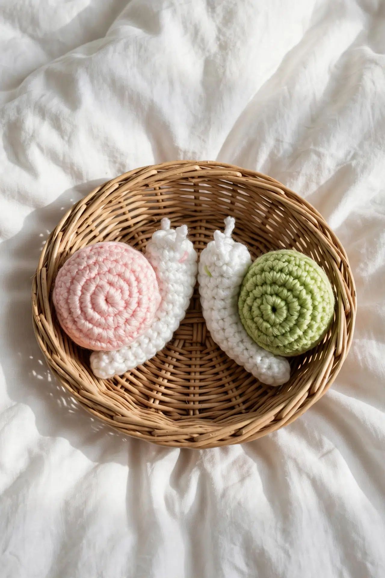 Stuffed Crochet Snail shown from another angle, highlighting its detailed crochet stitches