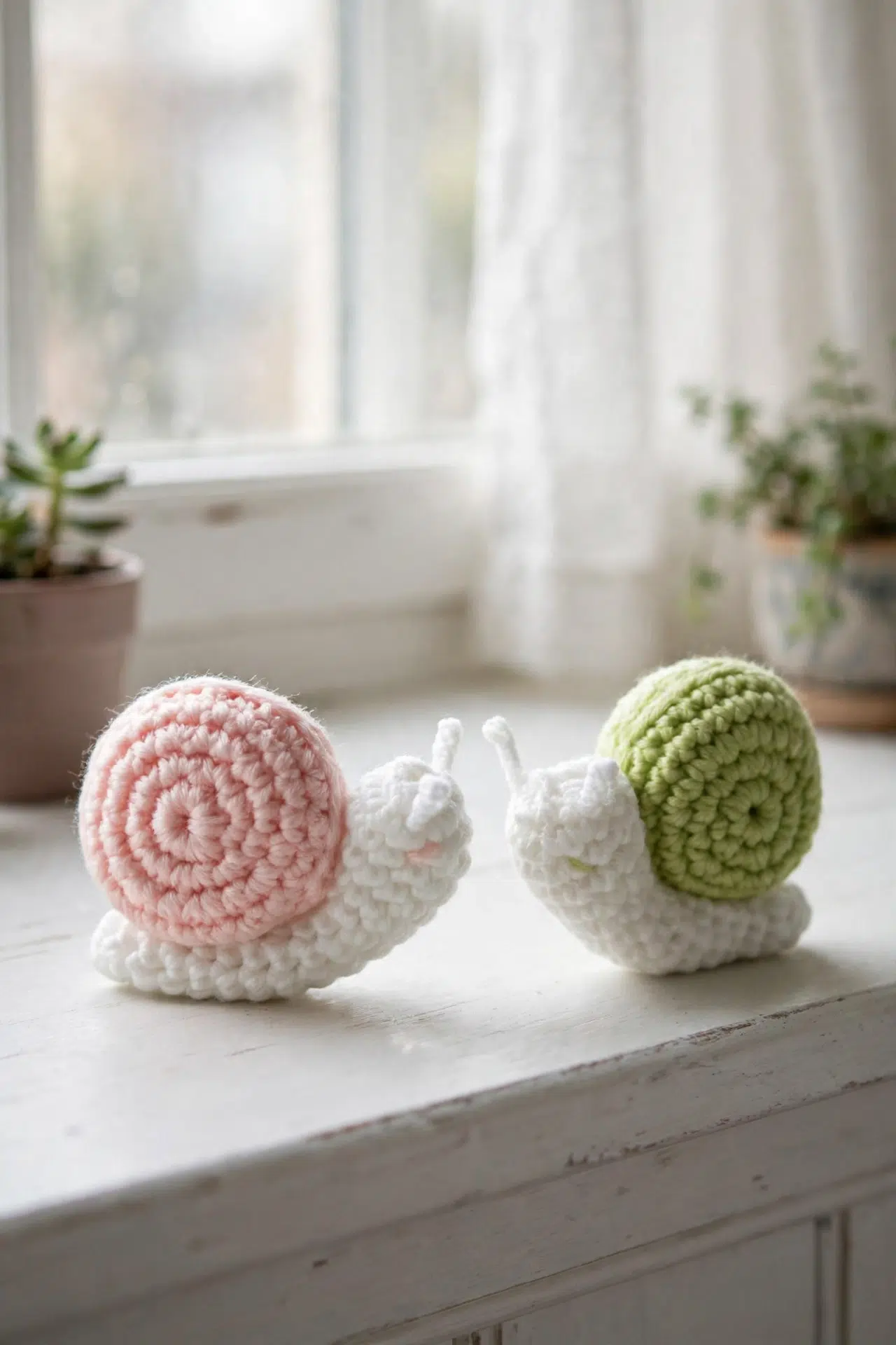 Stuffed Crochet Snail displayed in a styled setting with its rounded shell
