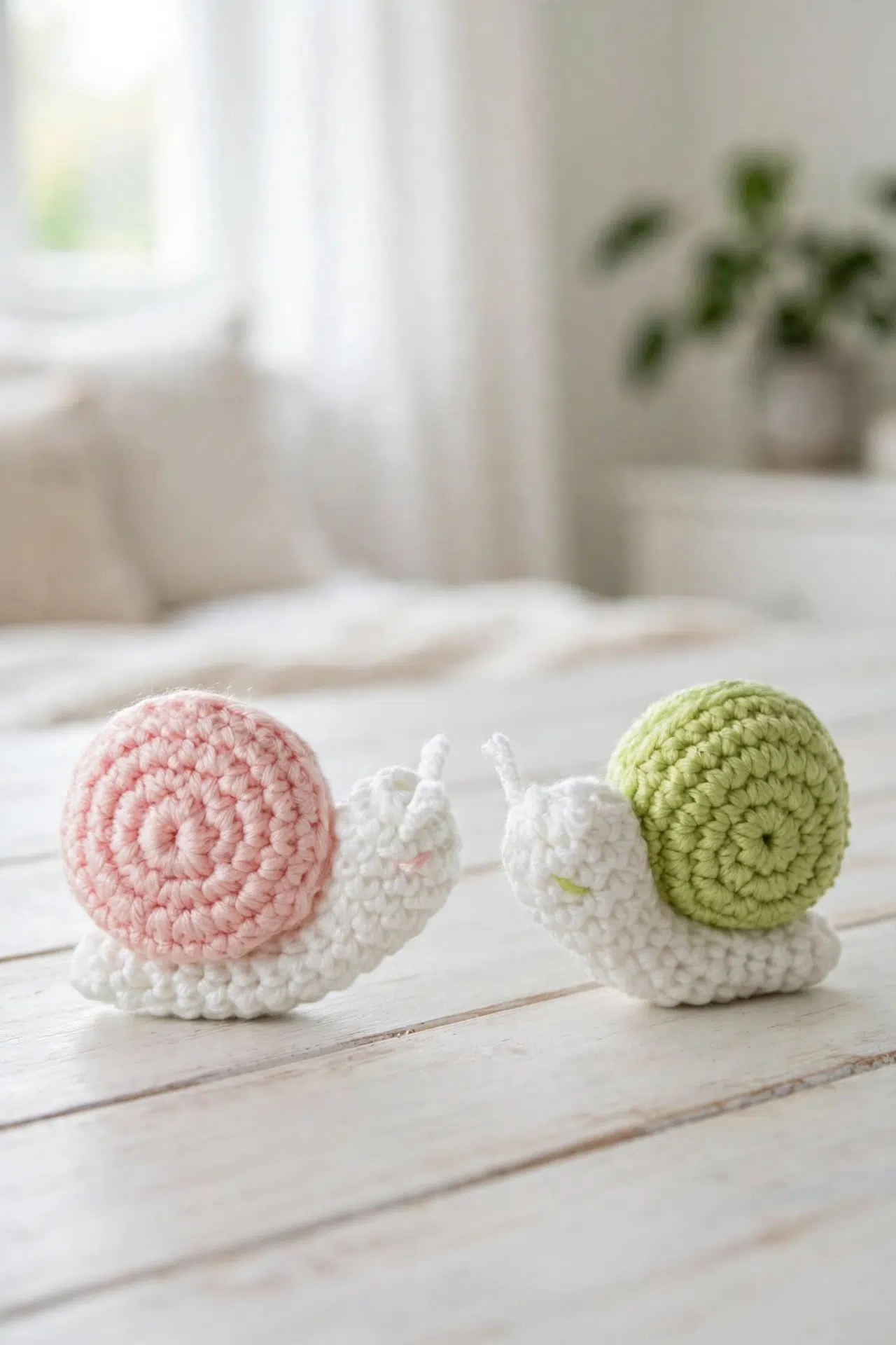 Stuffed Crochet Snail finished plush with a rounded shell and soft stitched texture