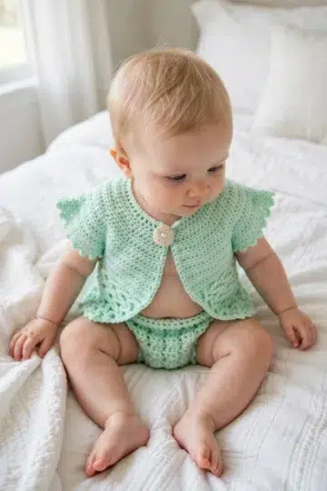 Summer Crochet Baby Cardigan, finished baby sweater shown from the front.