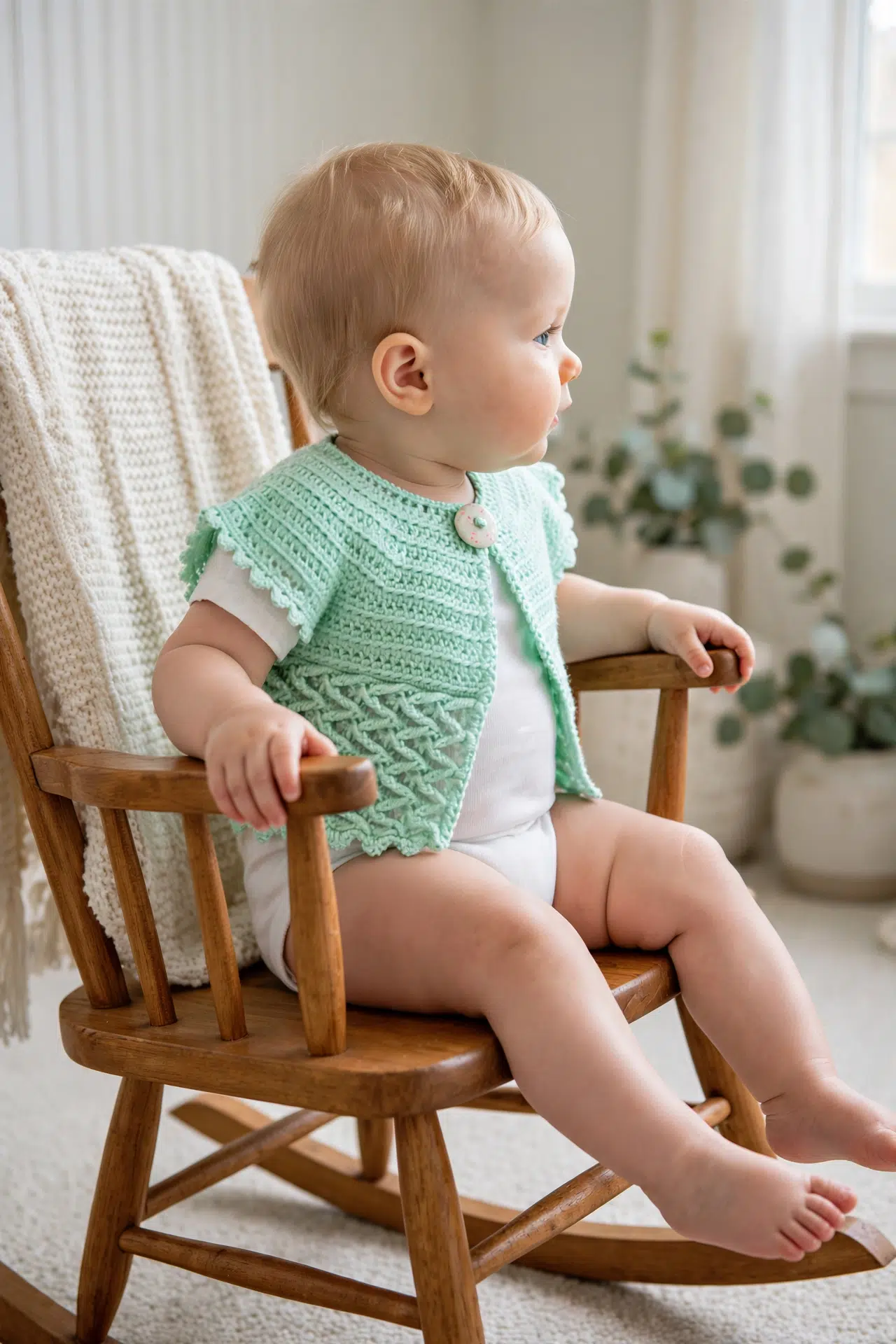 Summer Crochet Baby Cardigan displayed in a simple styled setting, showing its finished shape.