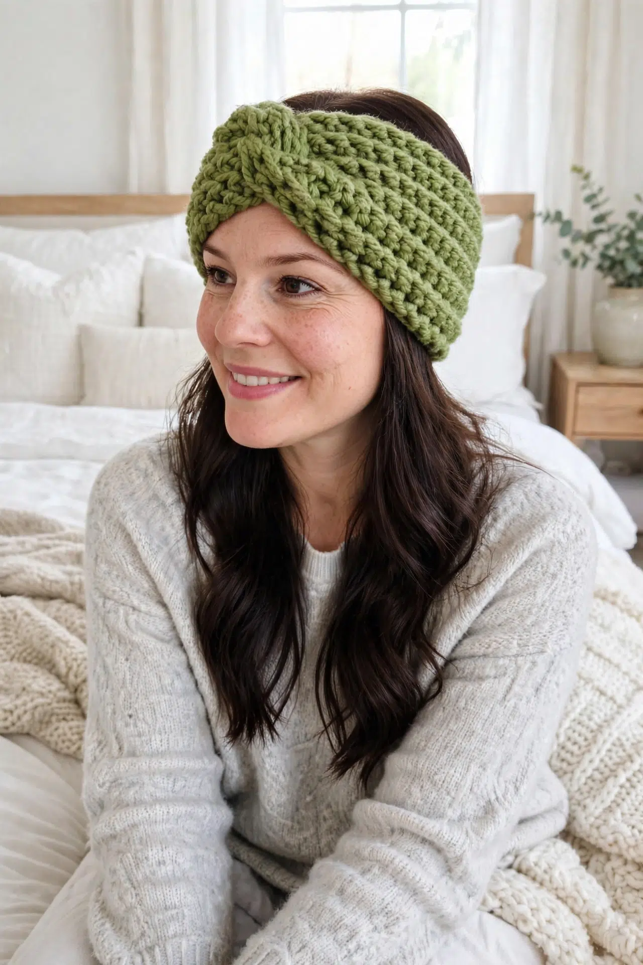 Close-up angle highlights the thick stitches of the Super Chunky Crochet Earwarmer Headband