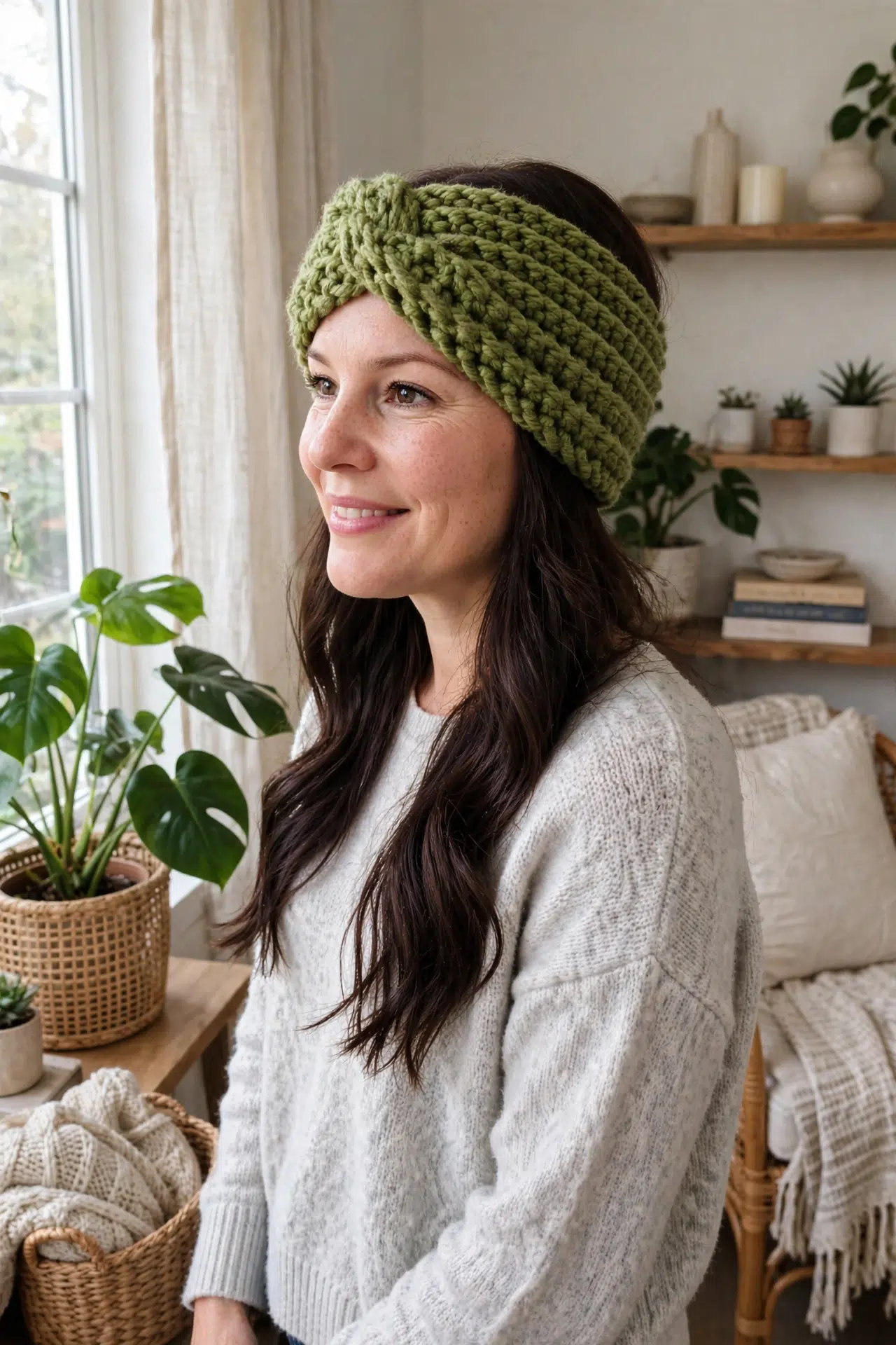 Super Chunky Crochet Earwarmer Headband displayed in a simple styled setting