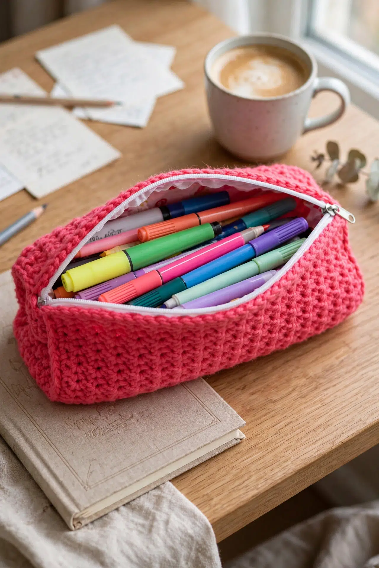 Zippered Crochet Pencil Case showing textured crochet stitches and its secure zipper closure