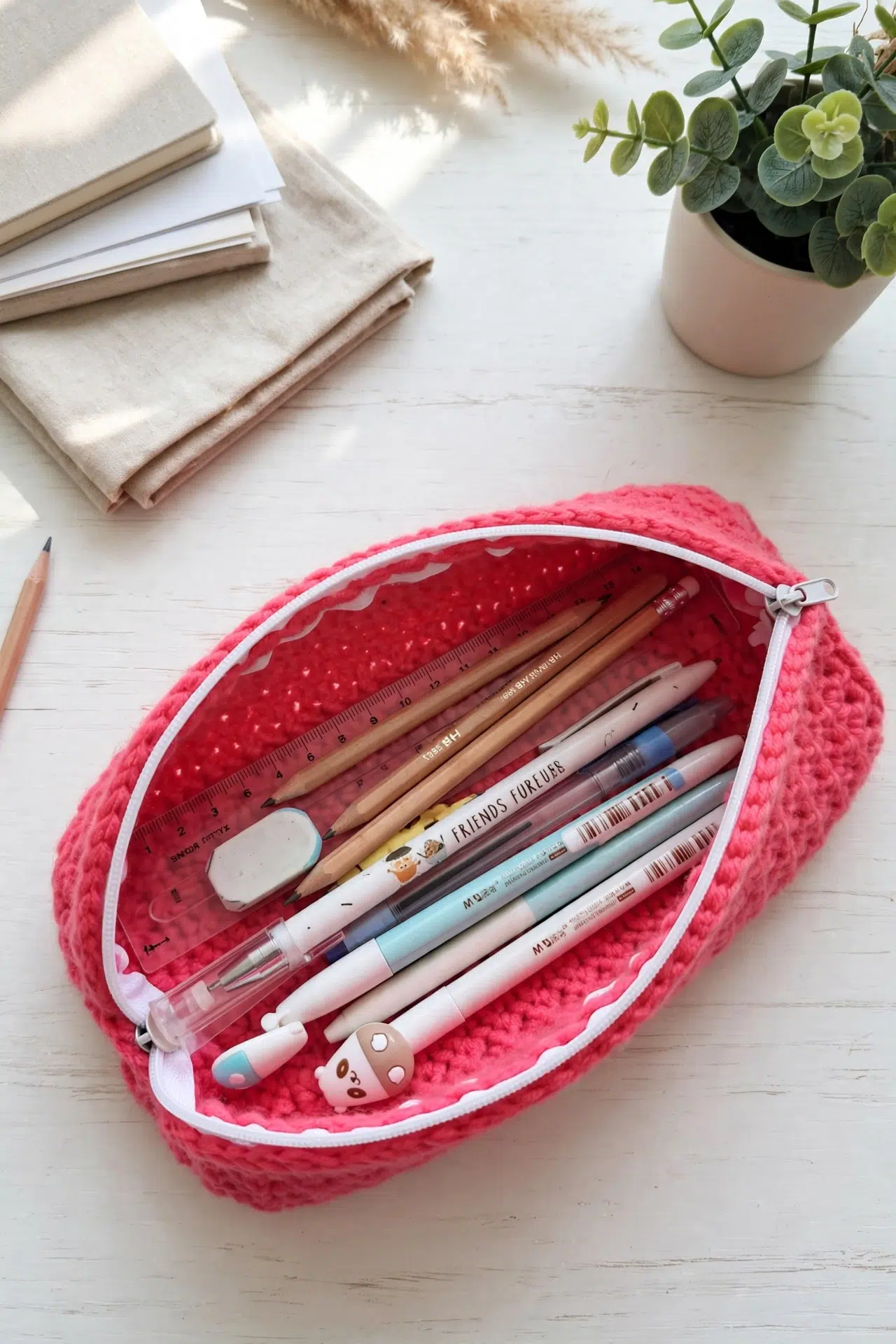 Zippered Crochet Pencil Case displayed neatly, highlighting its compact shape and handmade texture