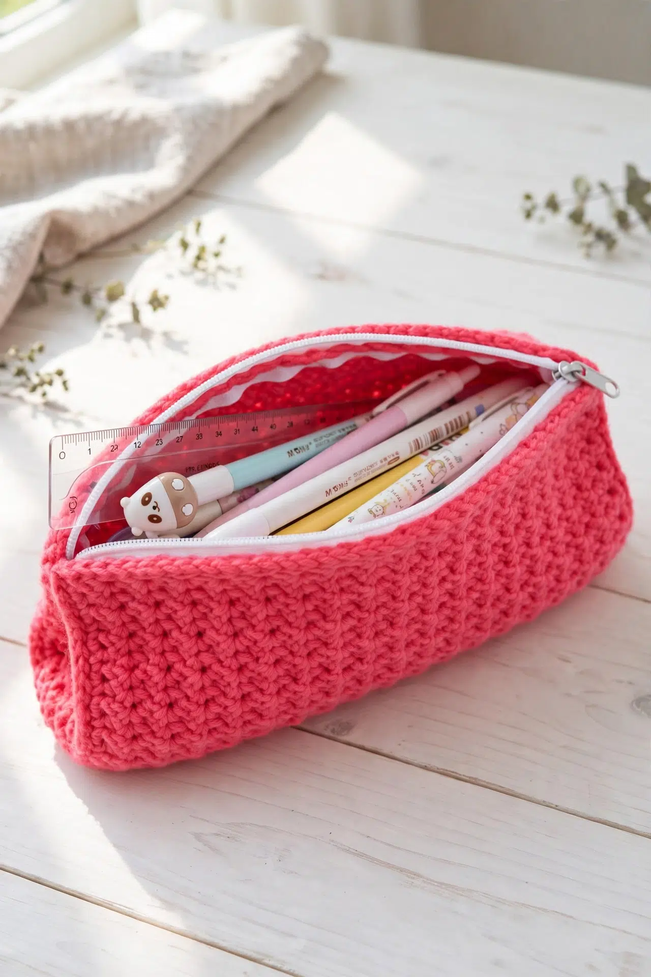 Finished Zippered Crochet Pencil Case with a neat rectangular shape and zipper