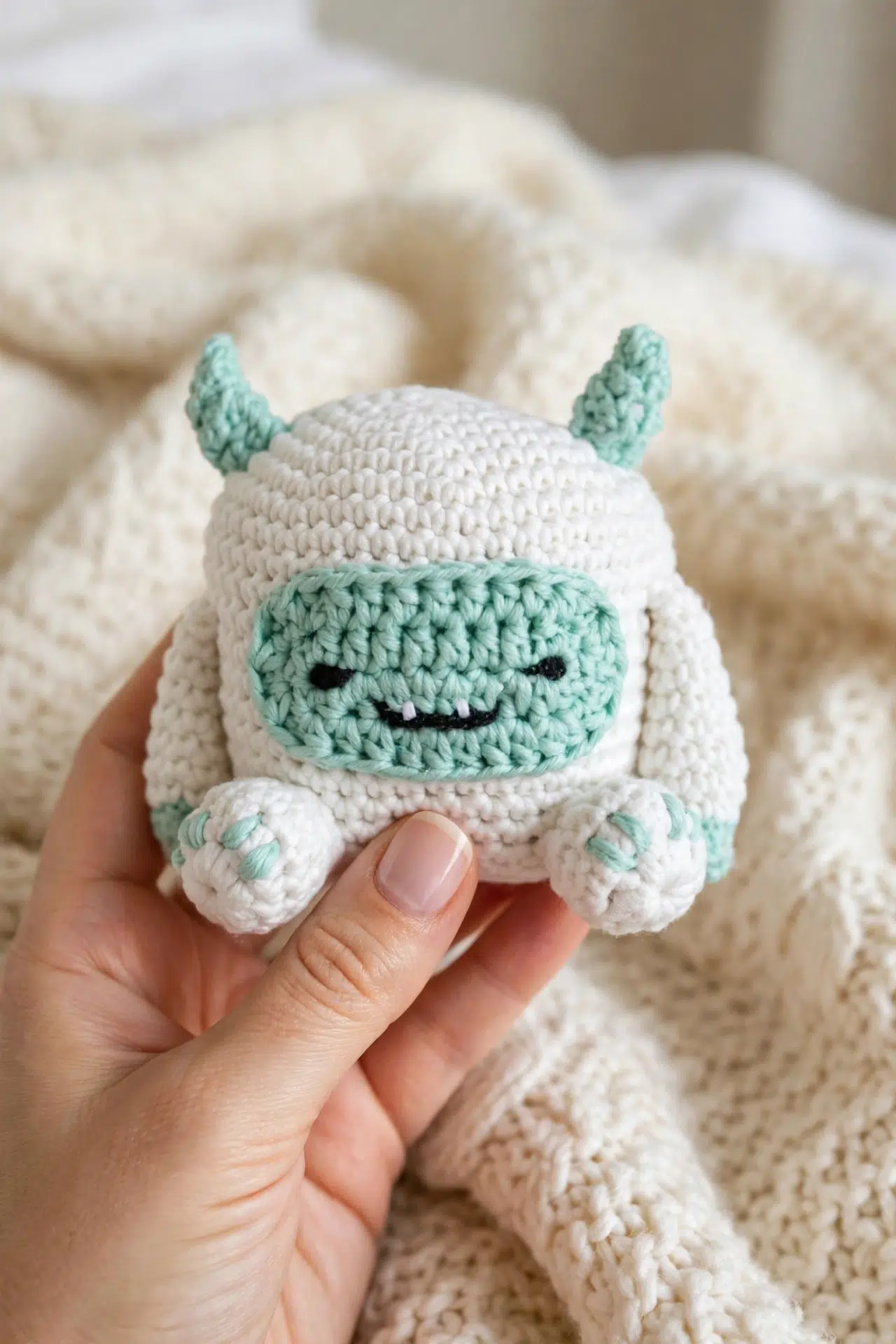 Close angle of Christmas Crochet Yeti Amigurumi showing textured stitches and rounded shape